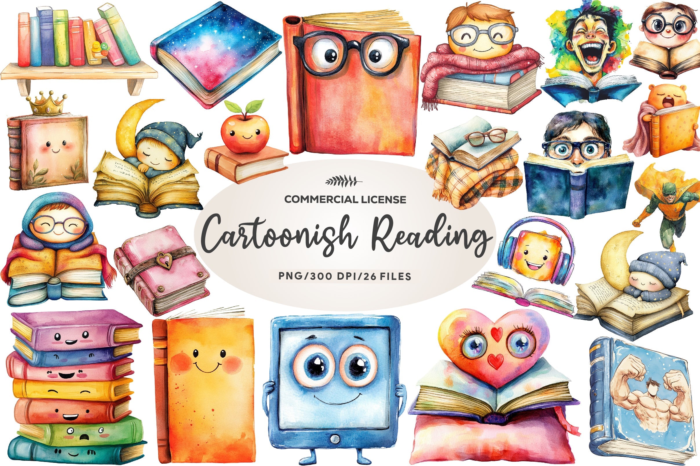 Cartoonish Reading Books Clipart Bundle