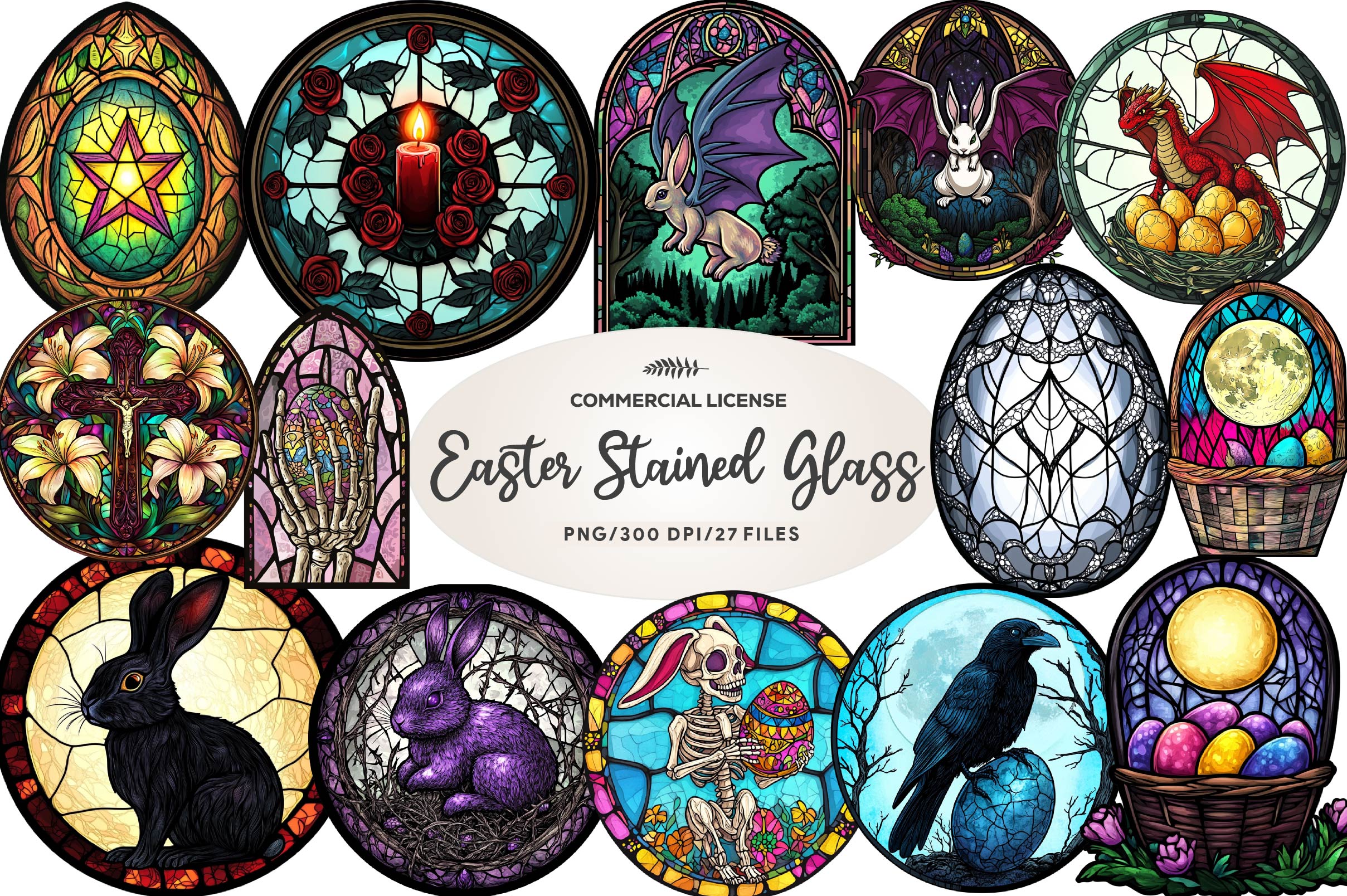 Gothic Round Stained Glass Easter Clipart Bundle