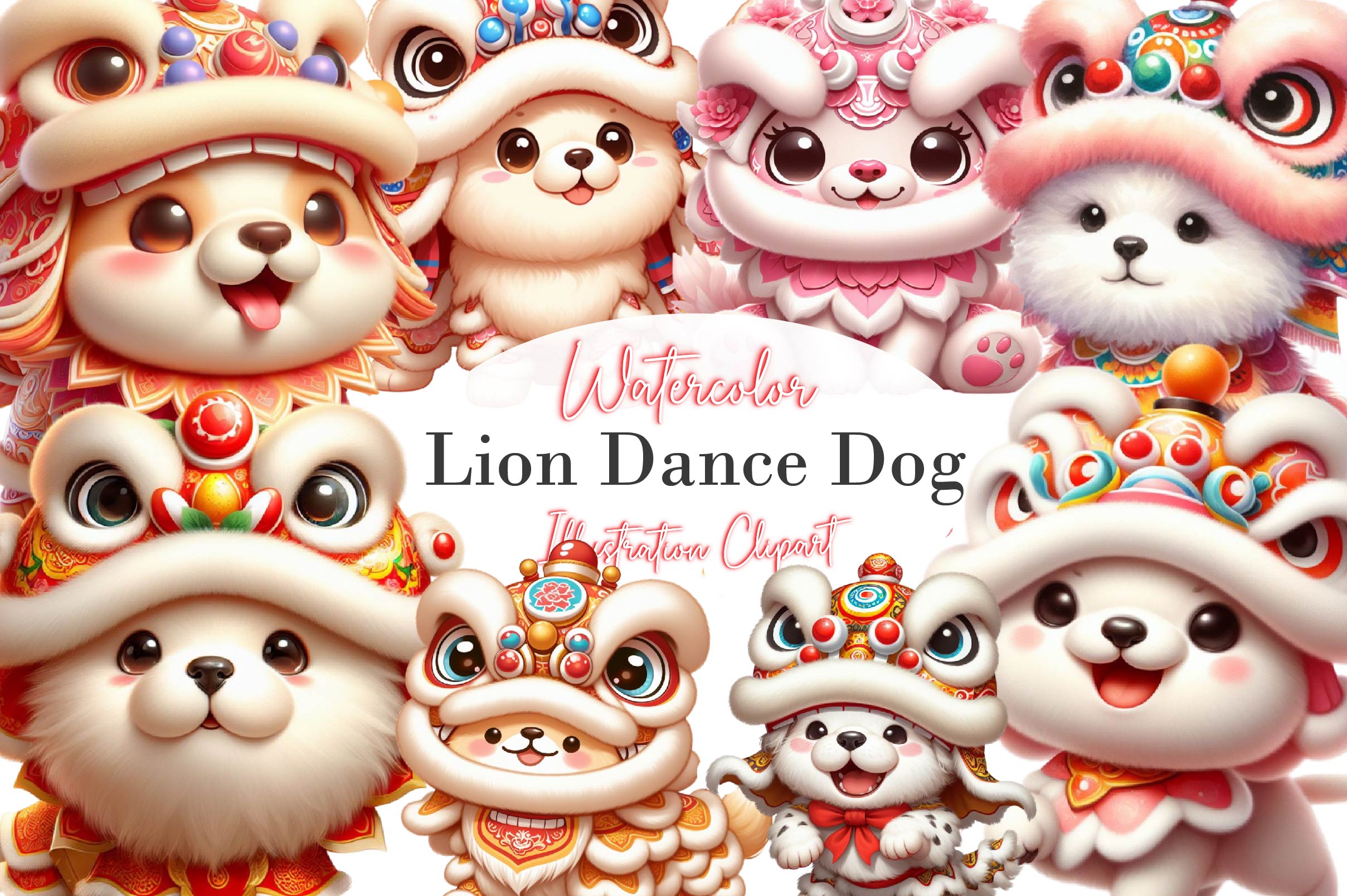 Cute Lion Dance Dogs Clipart Bundle 1