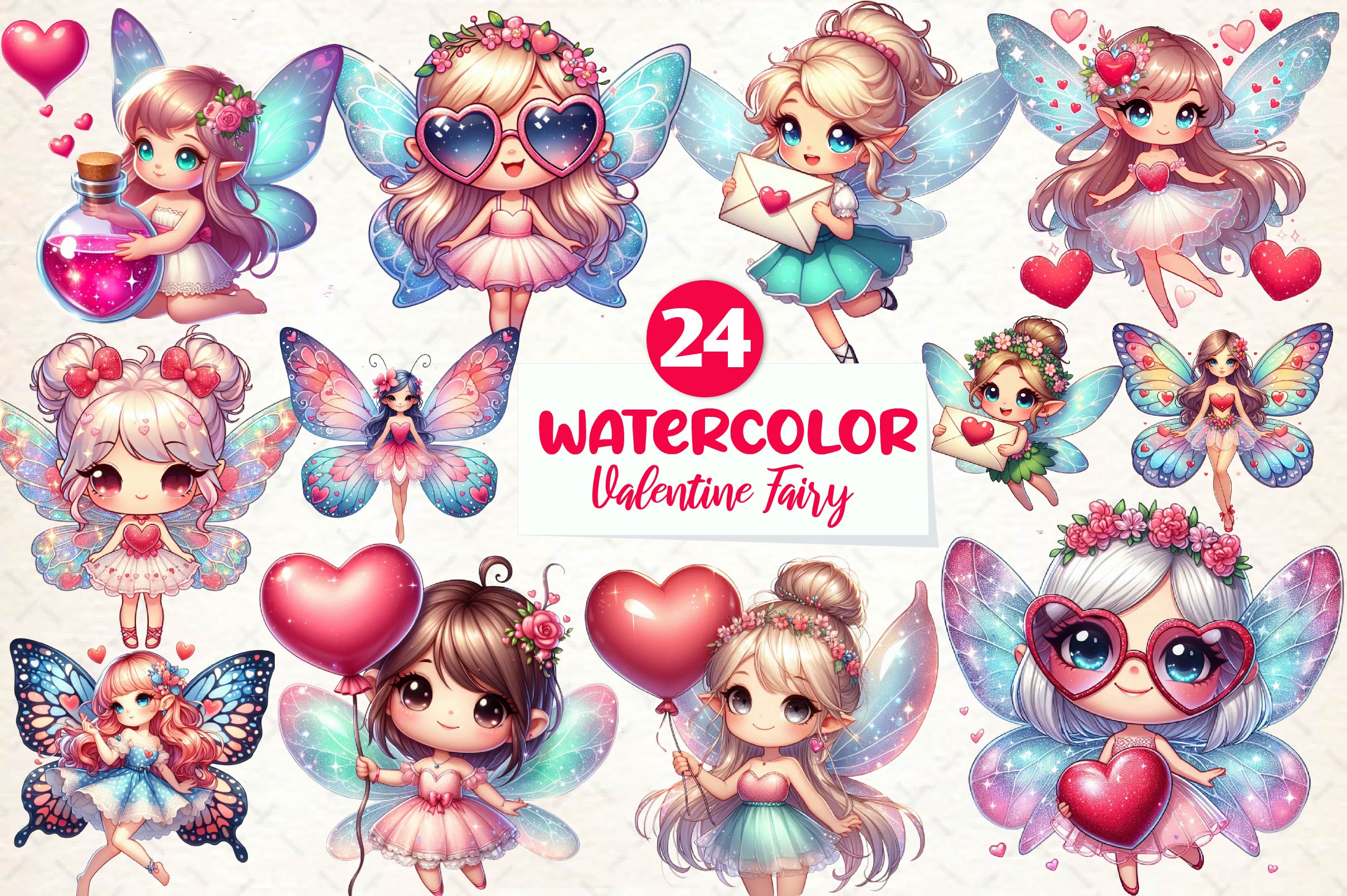 Chibi Valentine Fairy Clipart Bundle