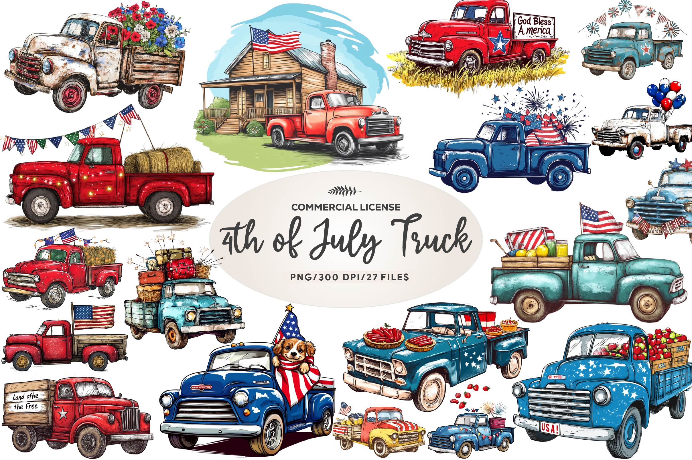 Rustic 4th Of July Truck Clipart Bundle