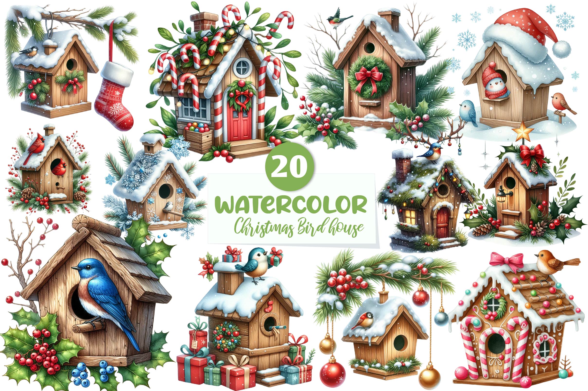 Christmas Bird House Clipart Bundle 1