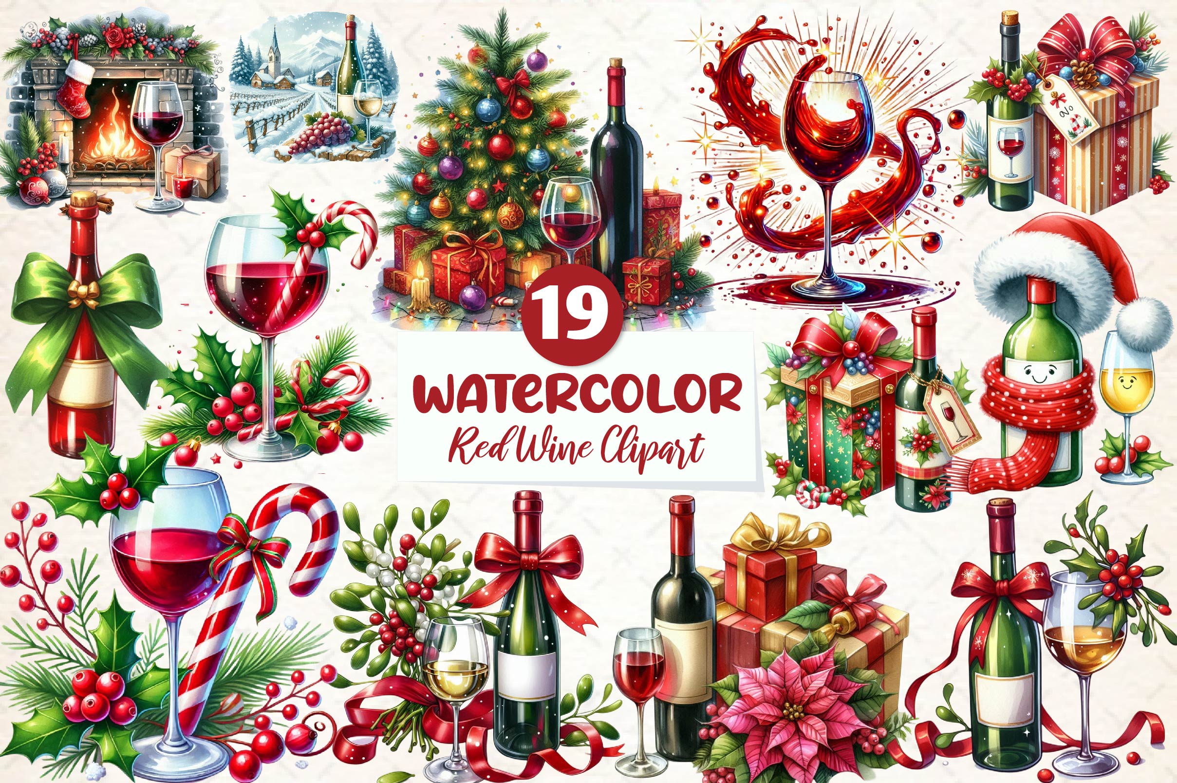 Christmas Red Wine Clipart Bundle