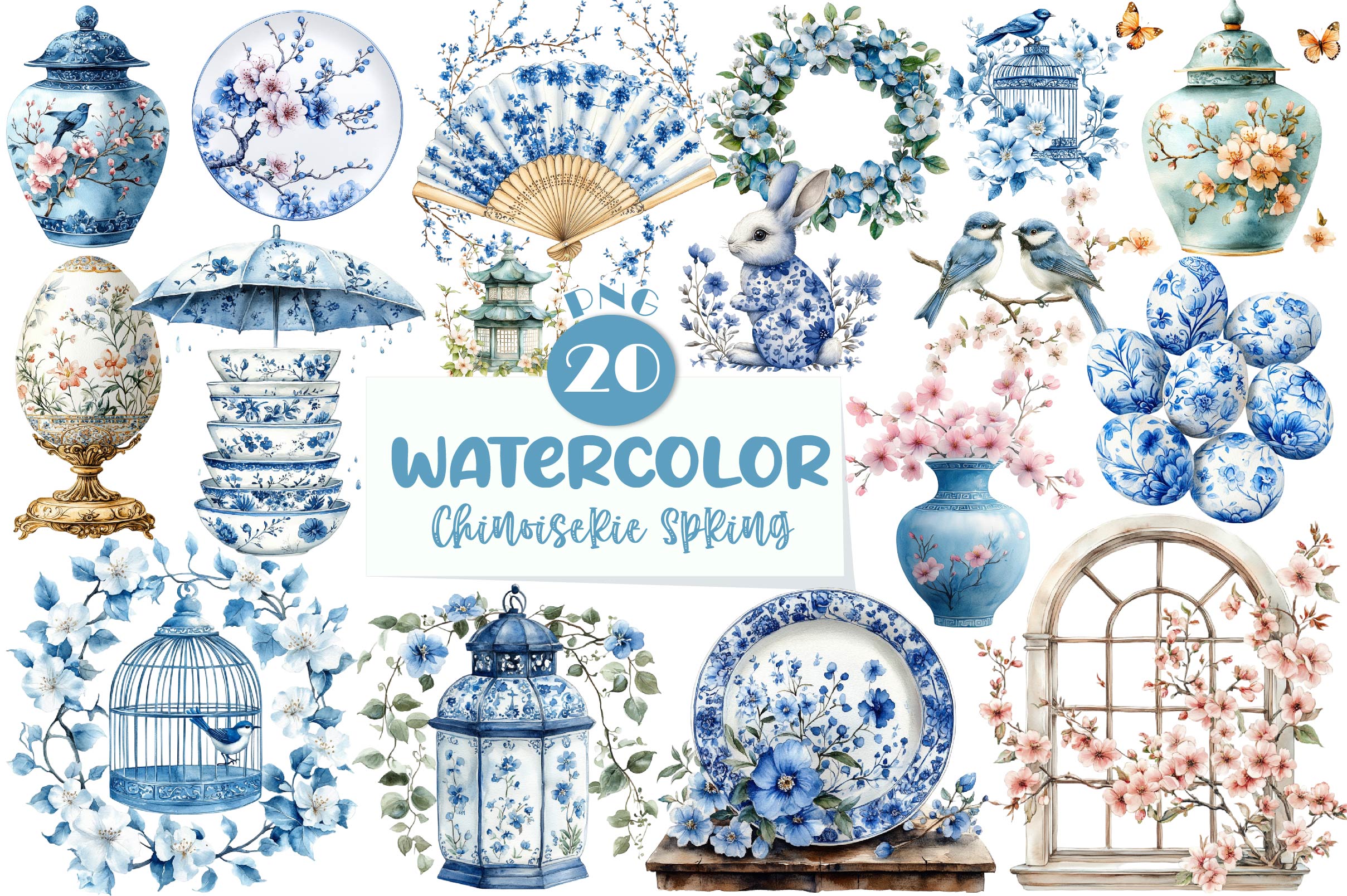 Blue Chinoiserie Spring Clipart Bundle