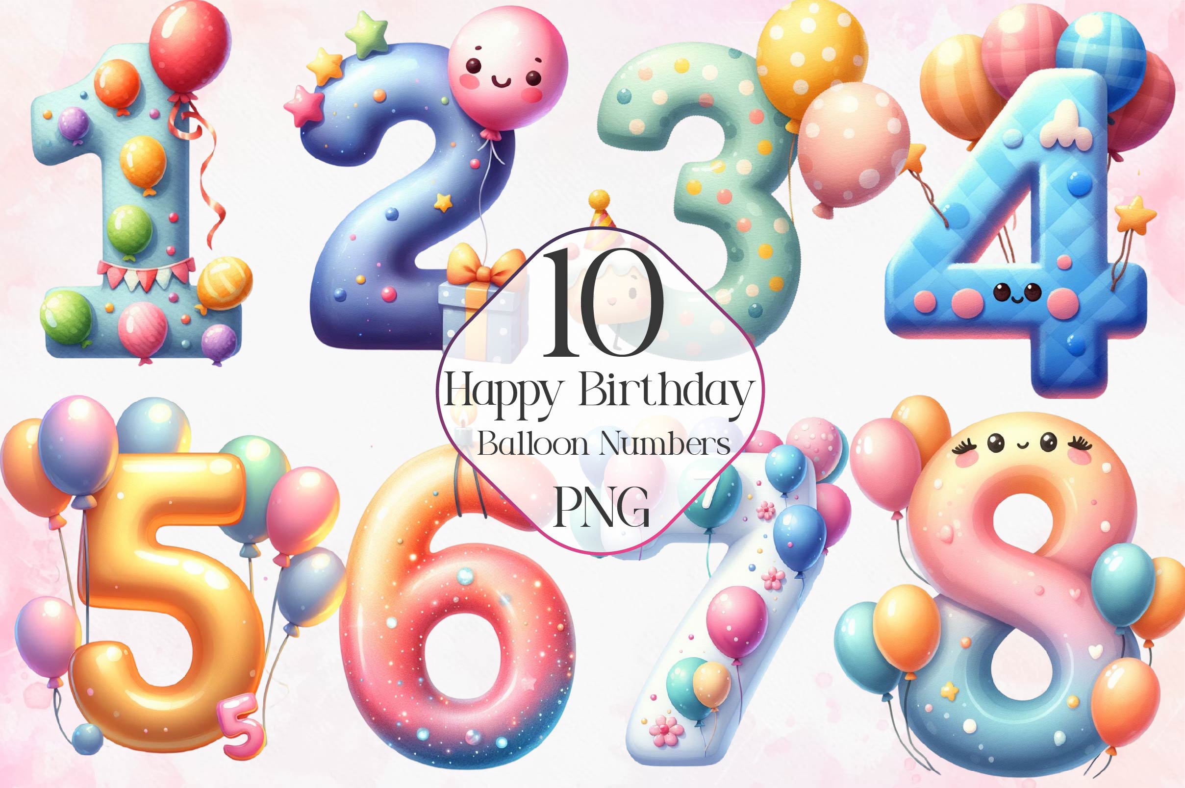 Happy Birthday Balloon Numbers Clipart Bundle