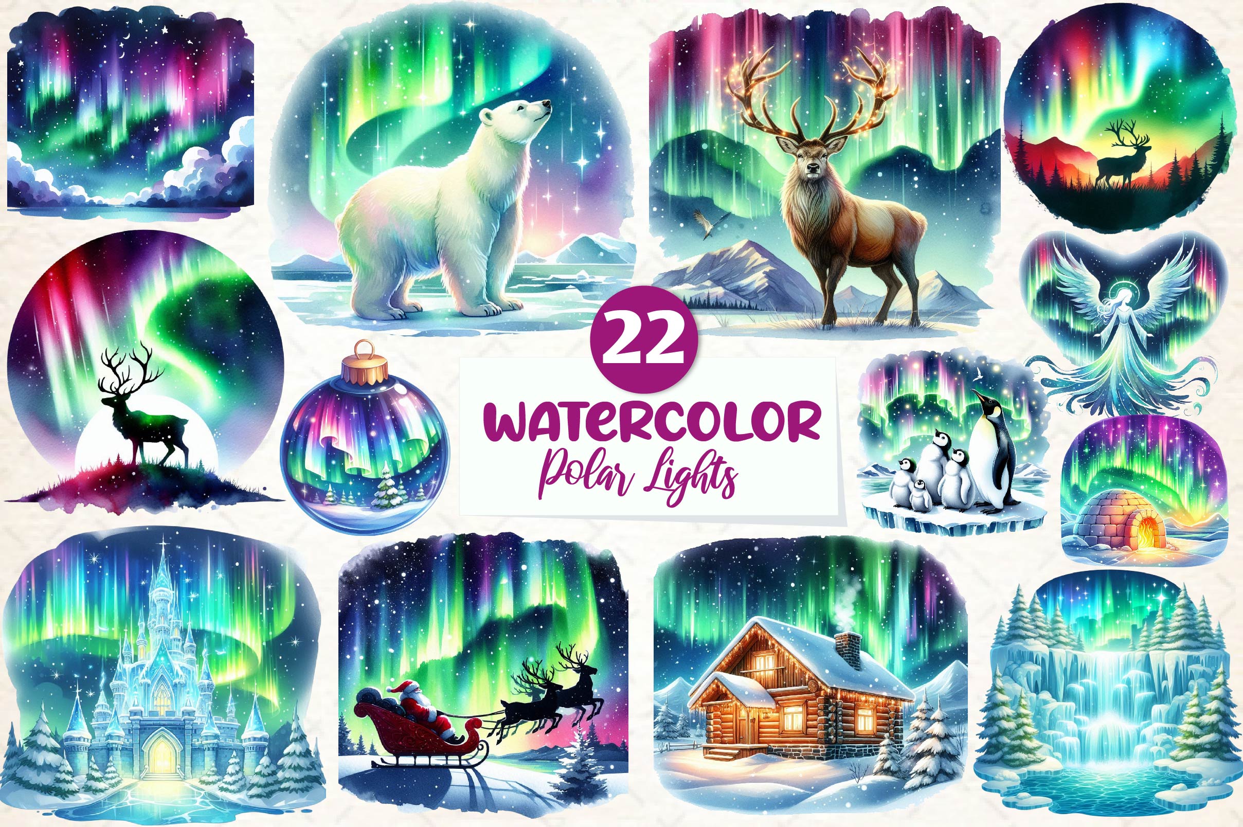Polar Lights Winter Clipart Bundle