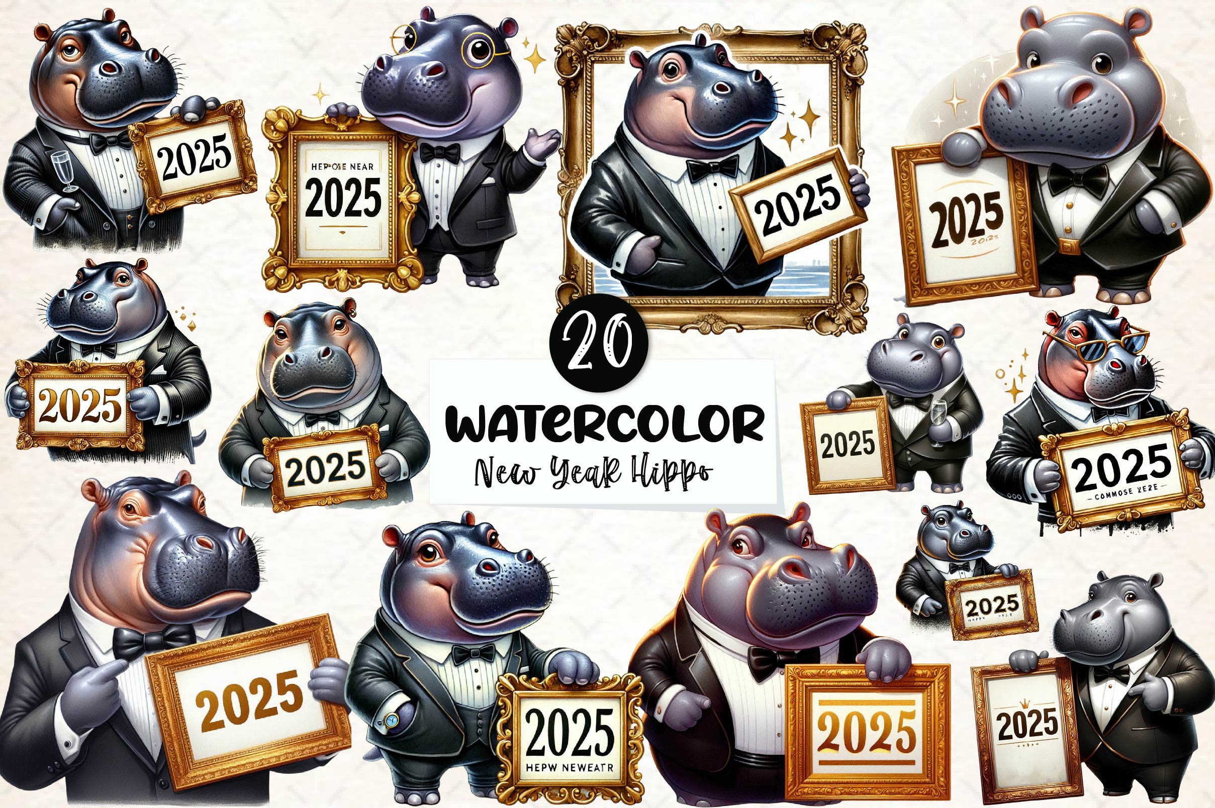 Hippo Happy New Year 2025 Clipart Bundle
