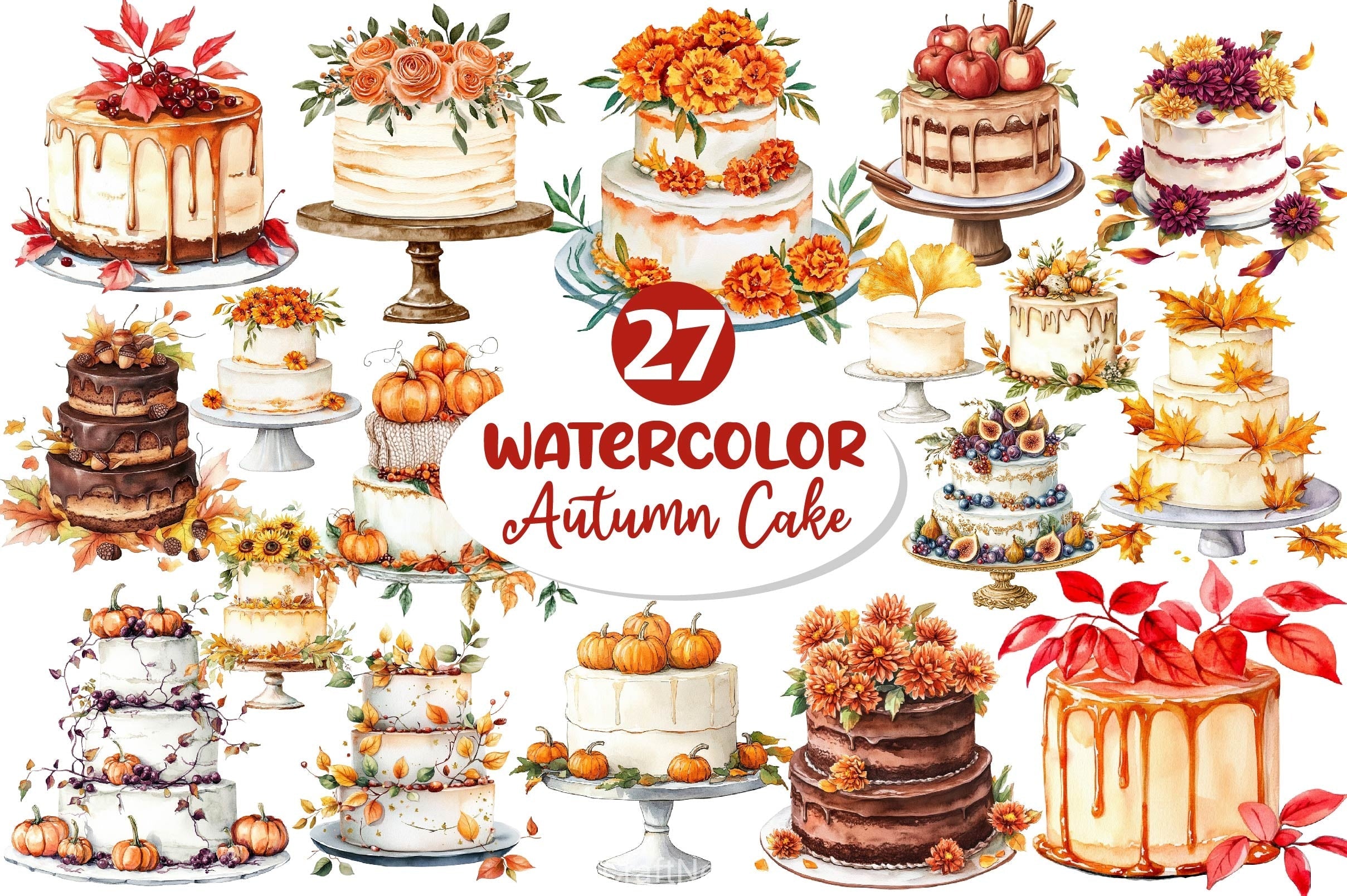 Autumn Wedding Cake Clipart Bundle