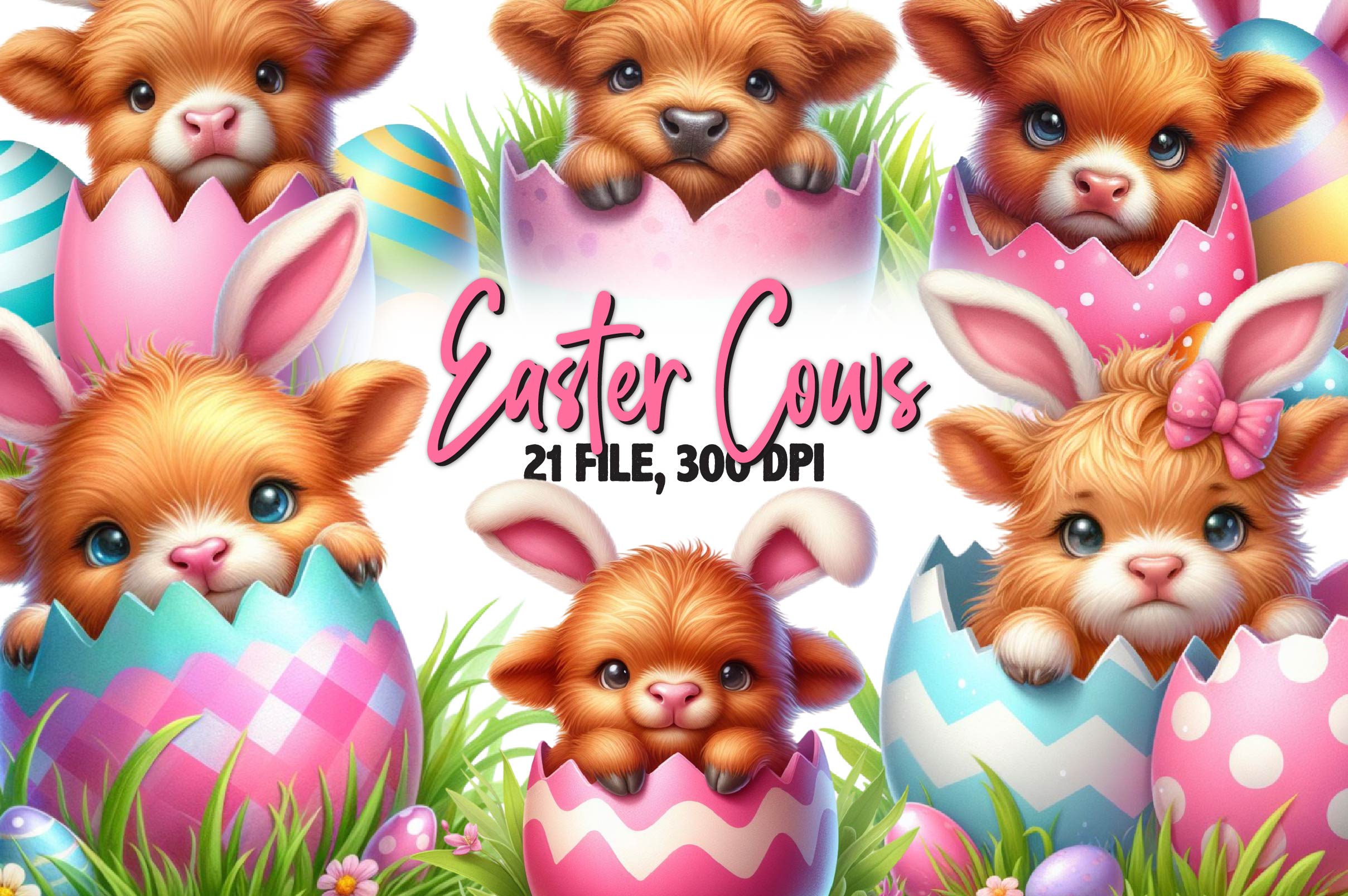Easter Highland Cows Clipart Bundle