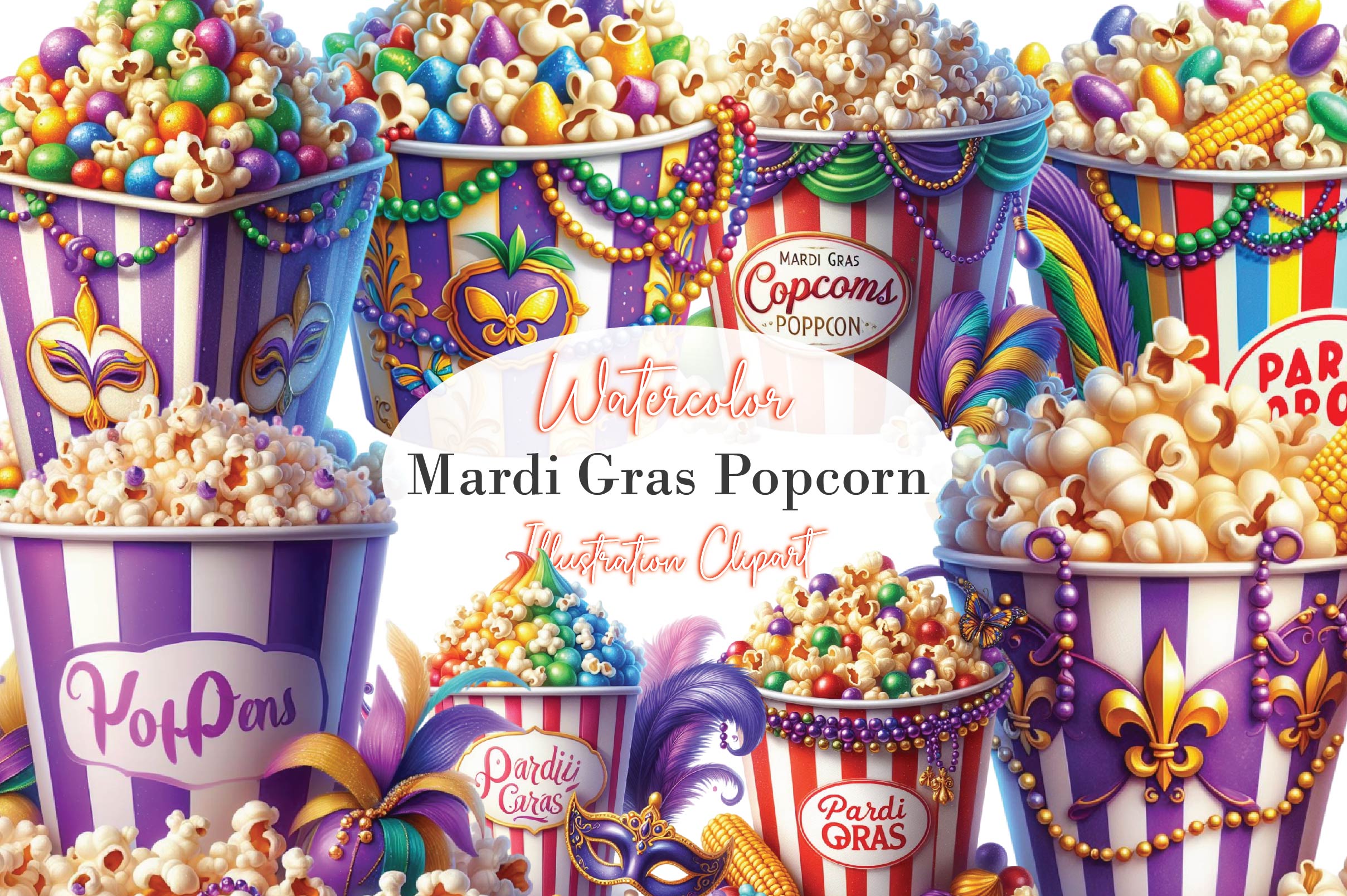 Mardi Gras Popcorn Clipart Bundle