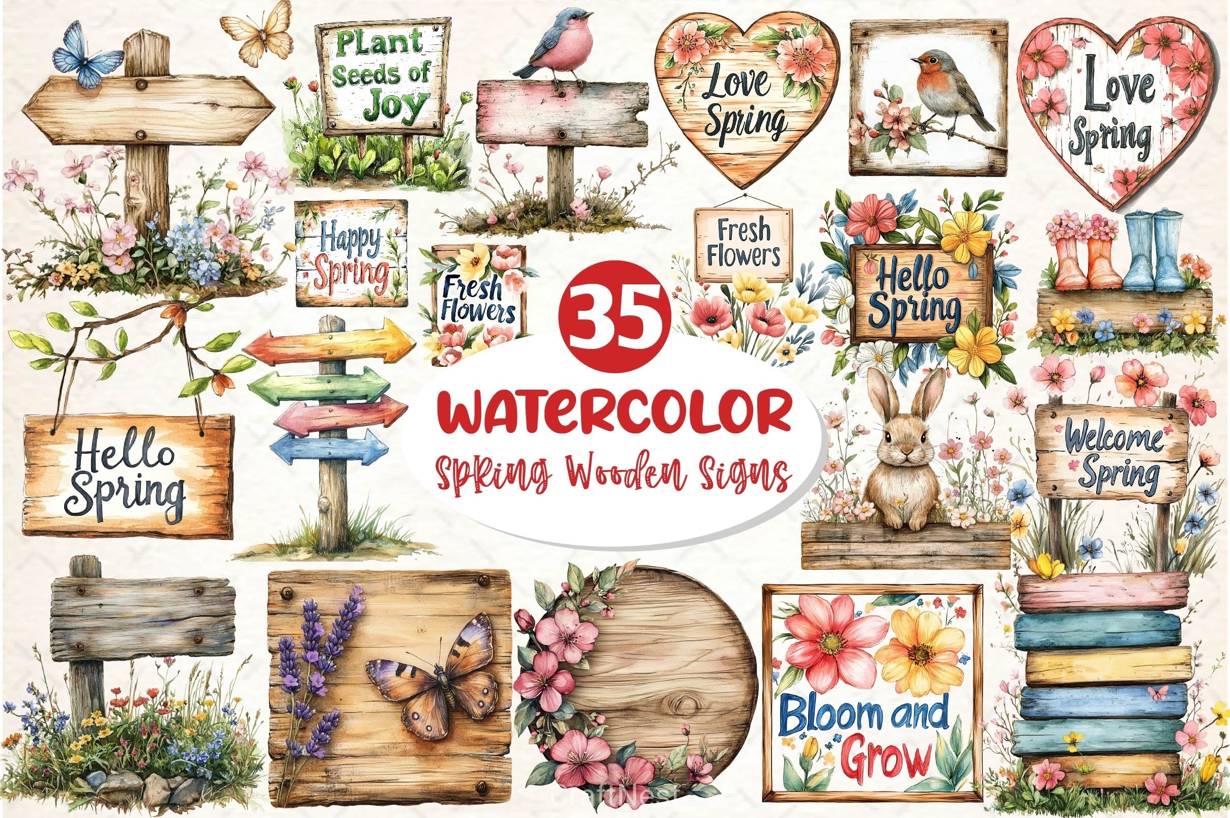 Spring Wooden Signs Clipart Bundle