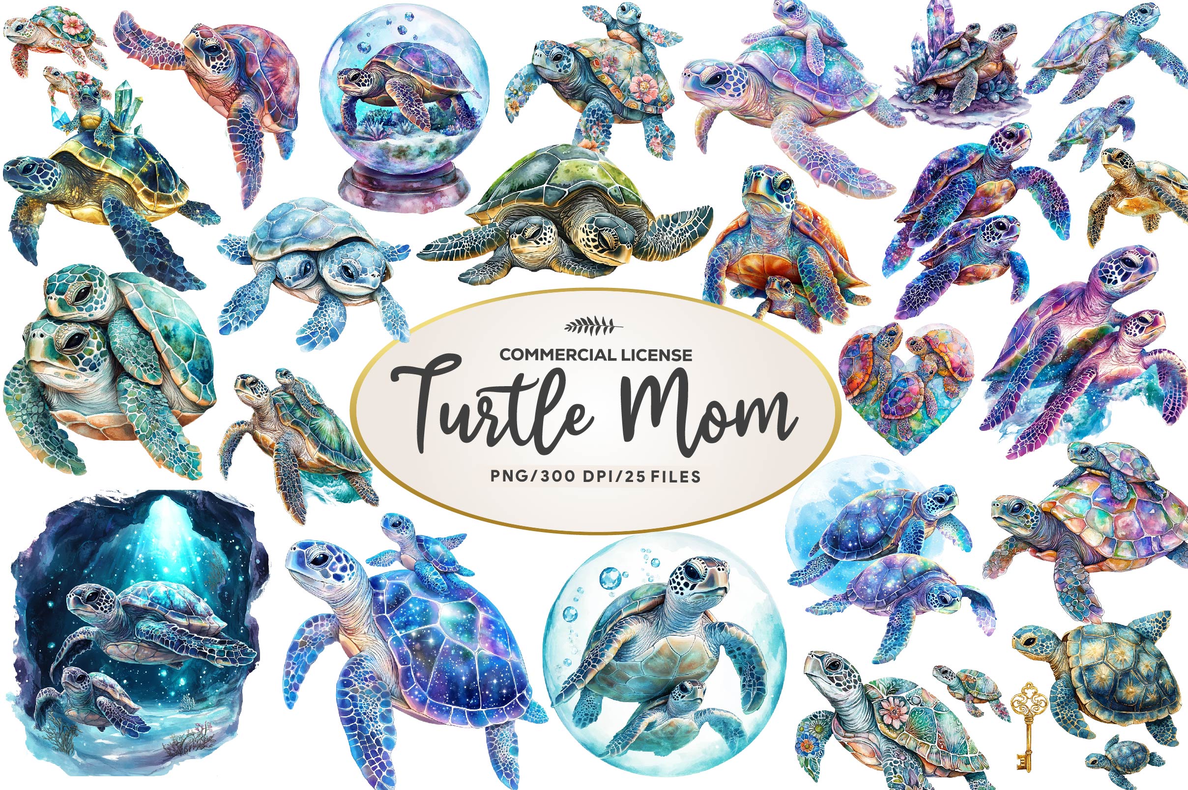 Gem Sea Turtle Mom And Baby Clipart Bundle 1
