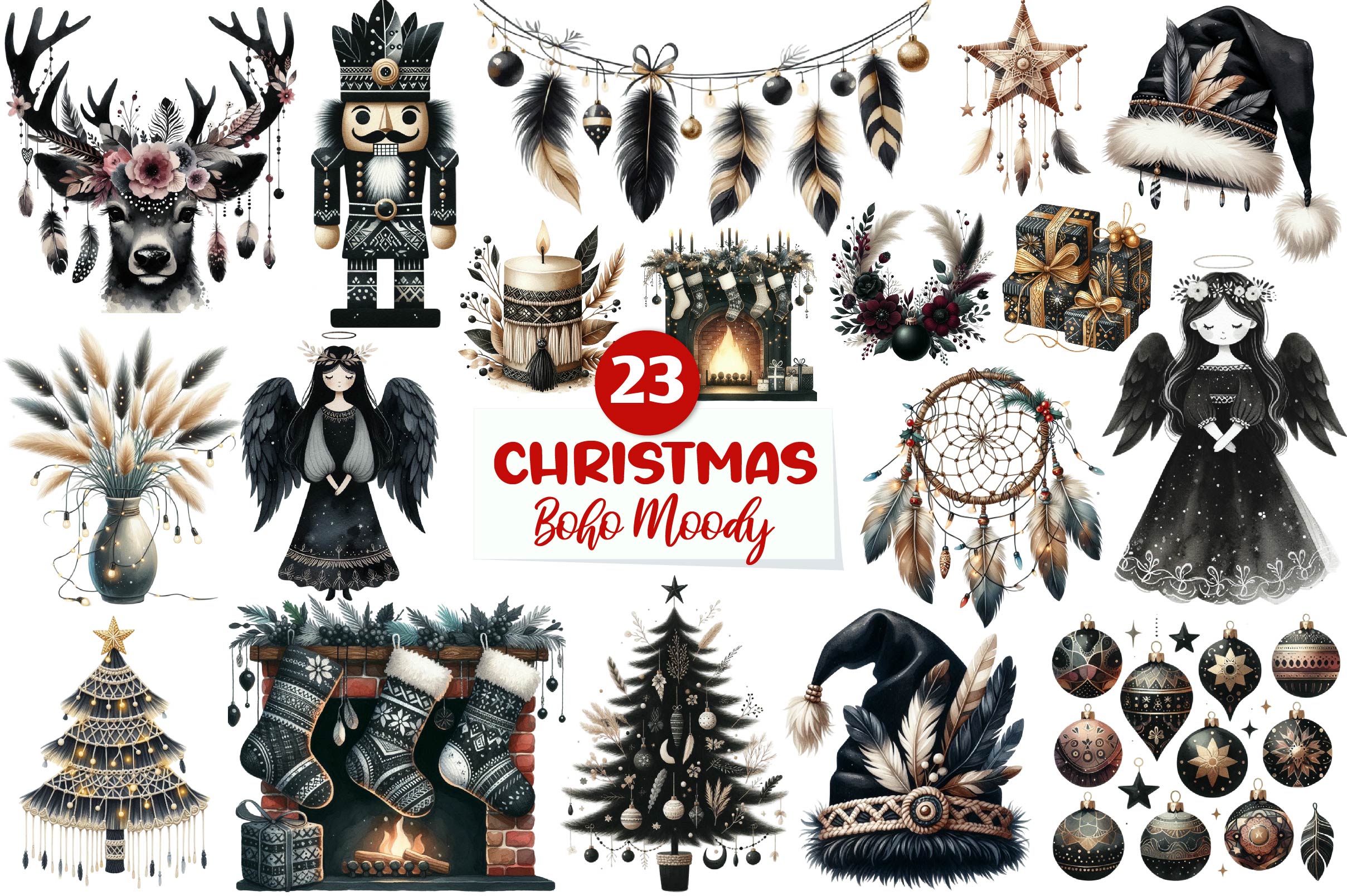 Boho Moody Christmas Clipart Bundle