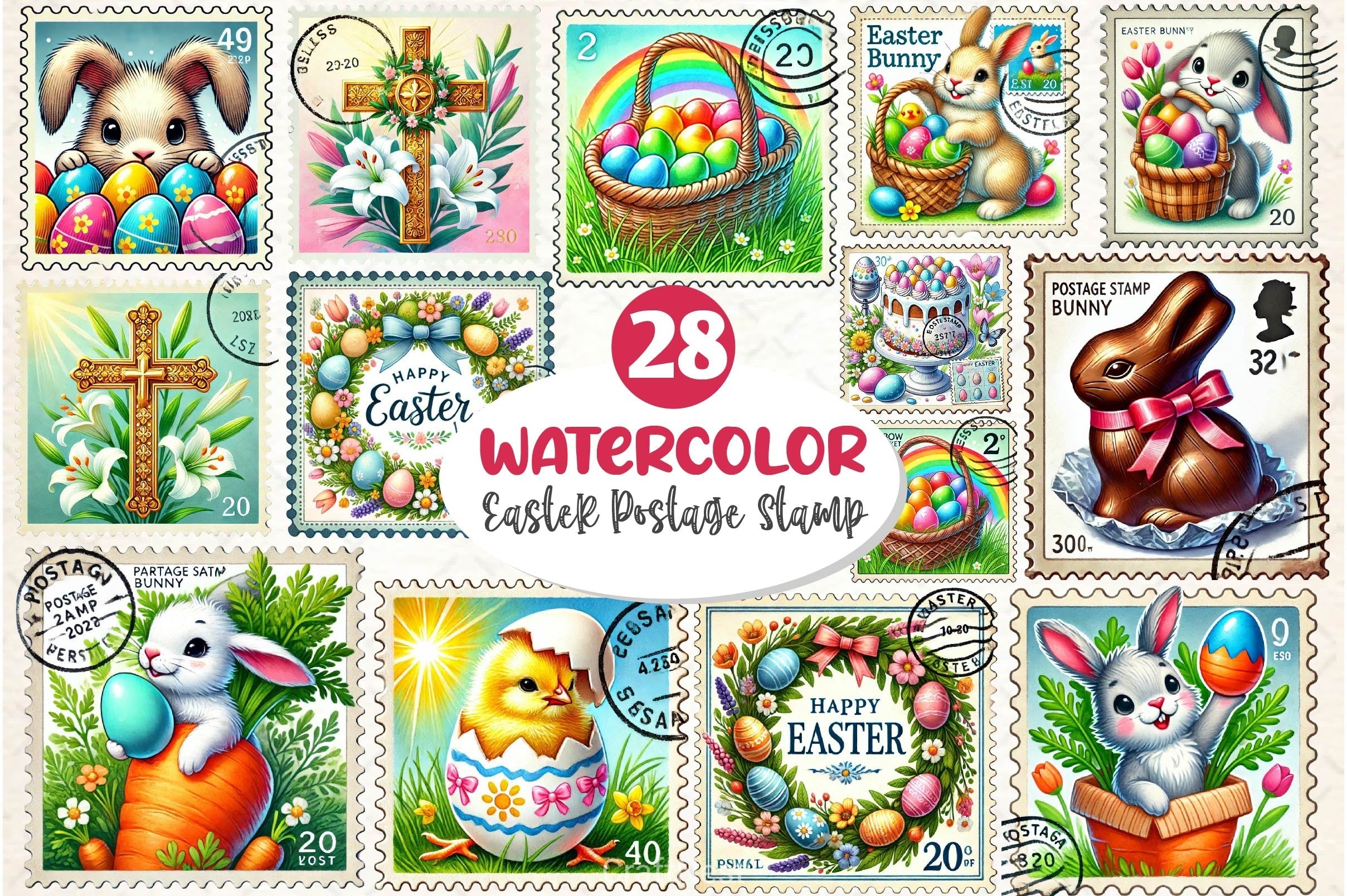 Easter Postage Stamp Clipart Bundle 2