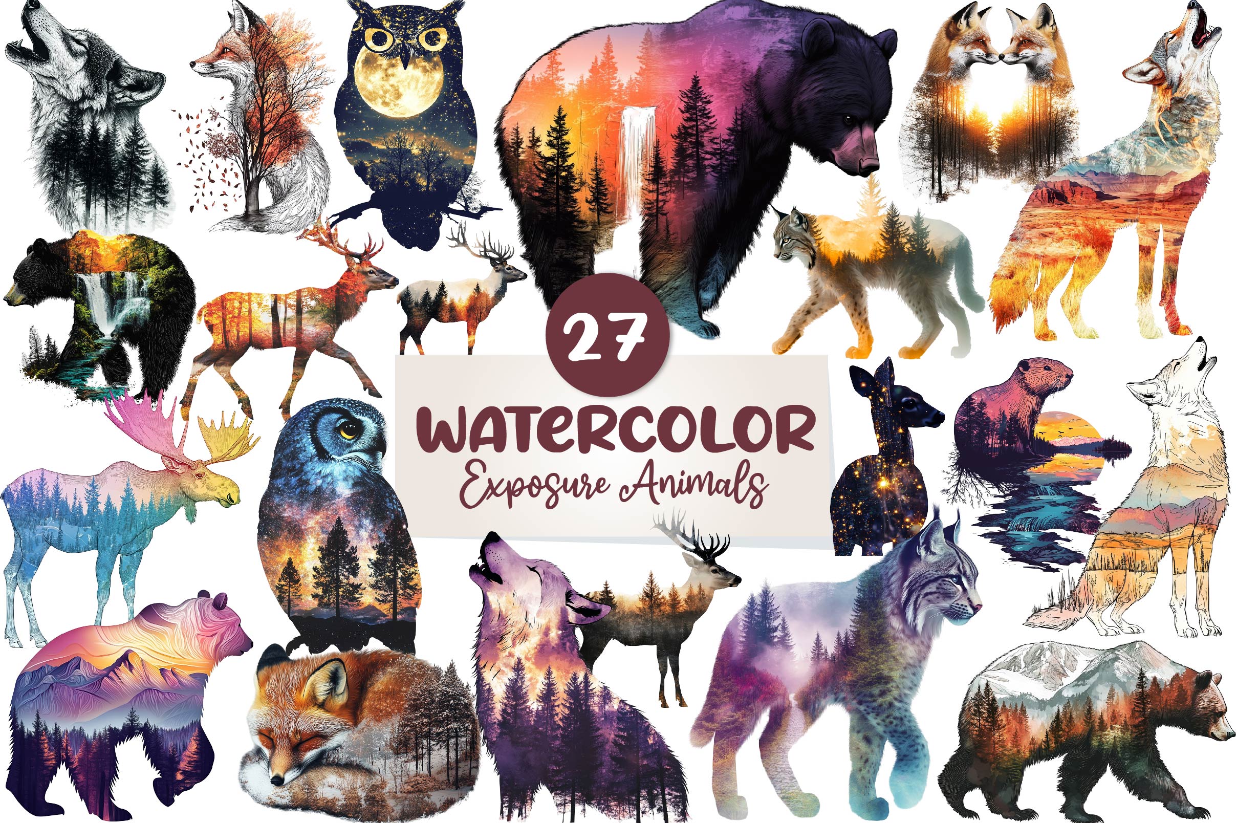 Double Exposure Woodland Animals Clipart Bundle 1