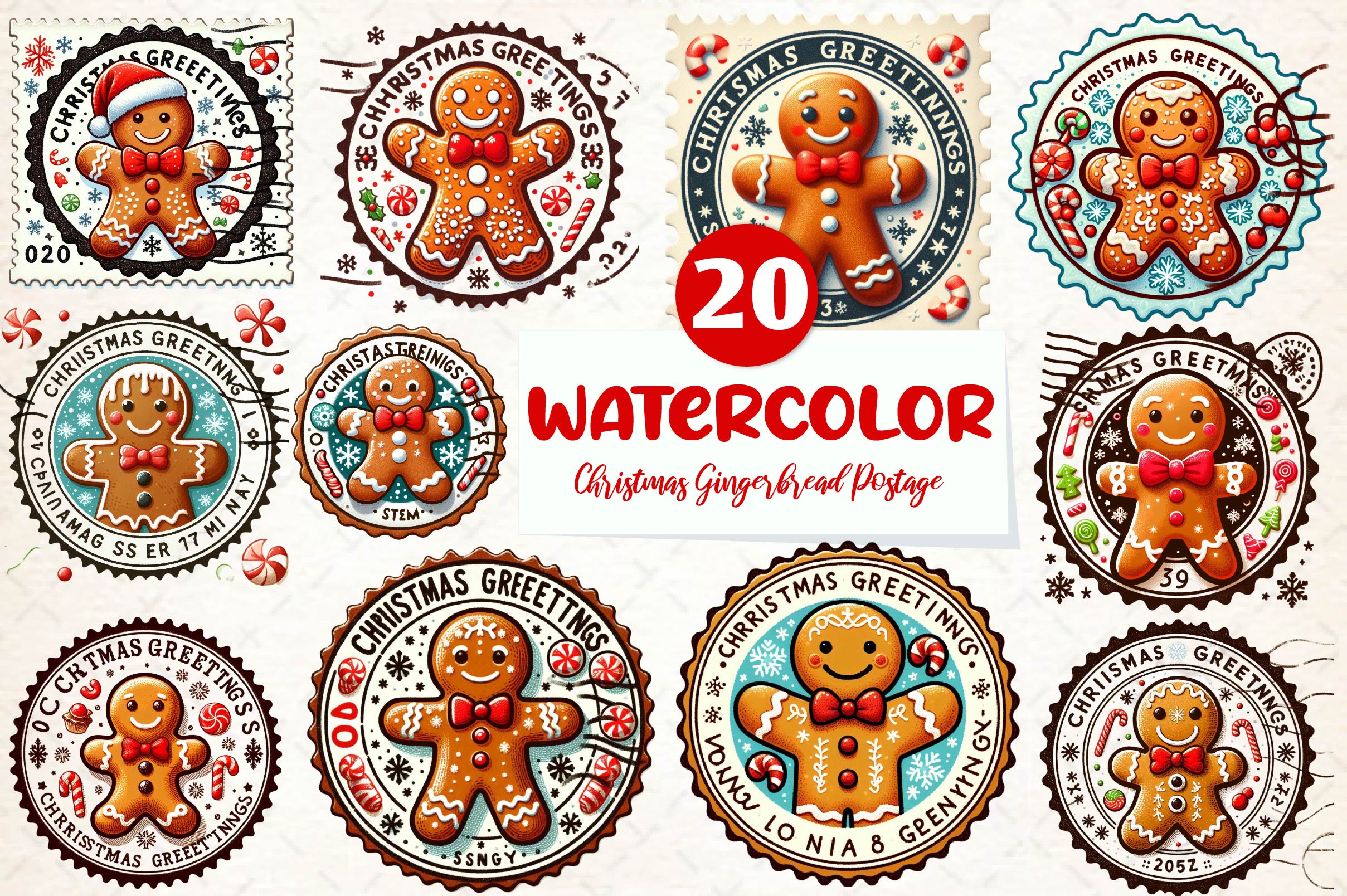 Christmas Gingerbread Postage Stamps Clipart Bundle