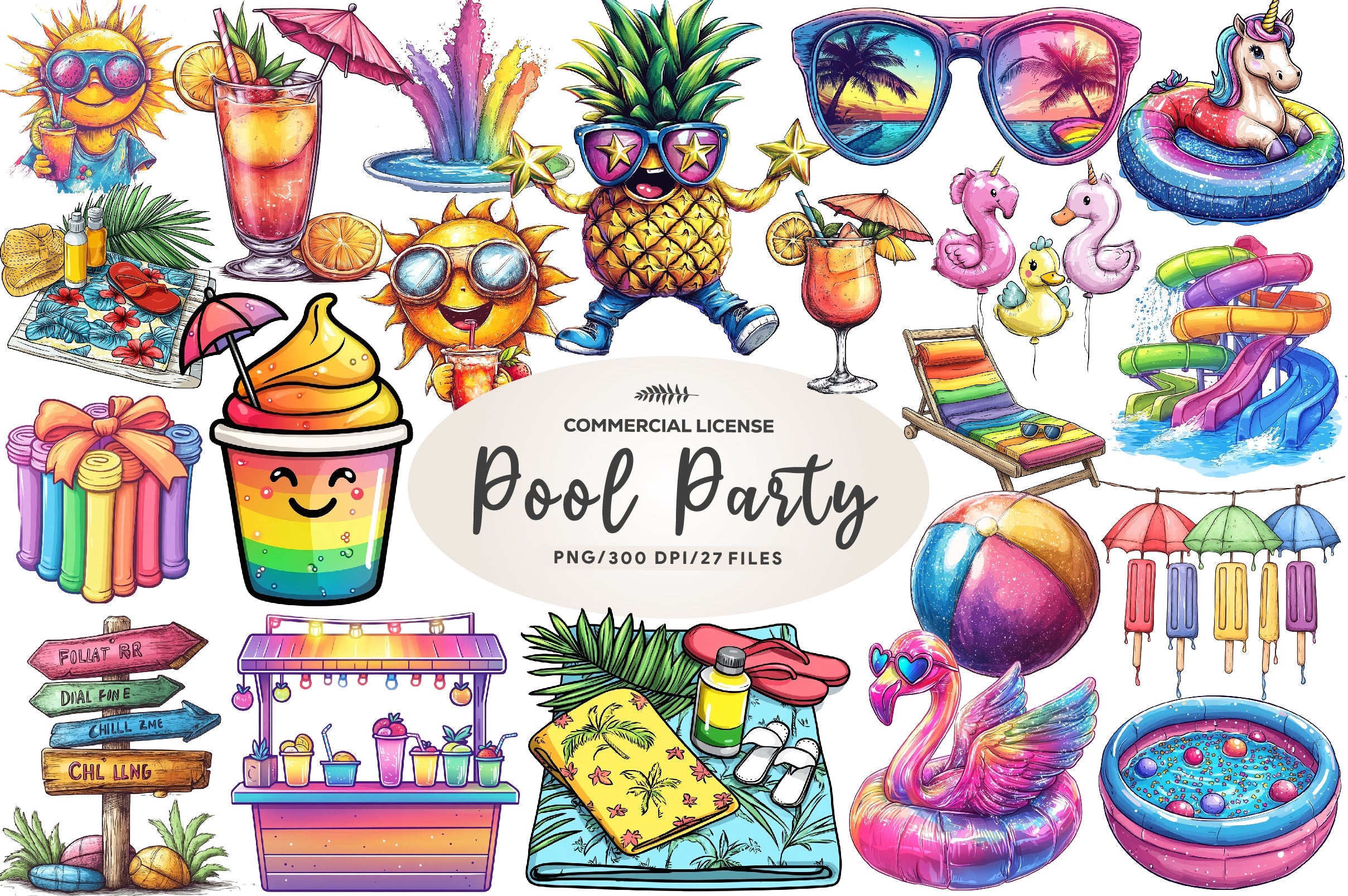 Colorful Pool Party Clipart Bundle