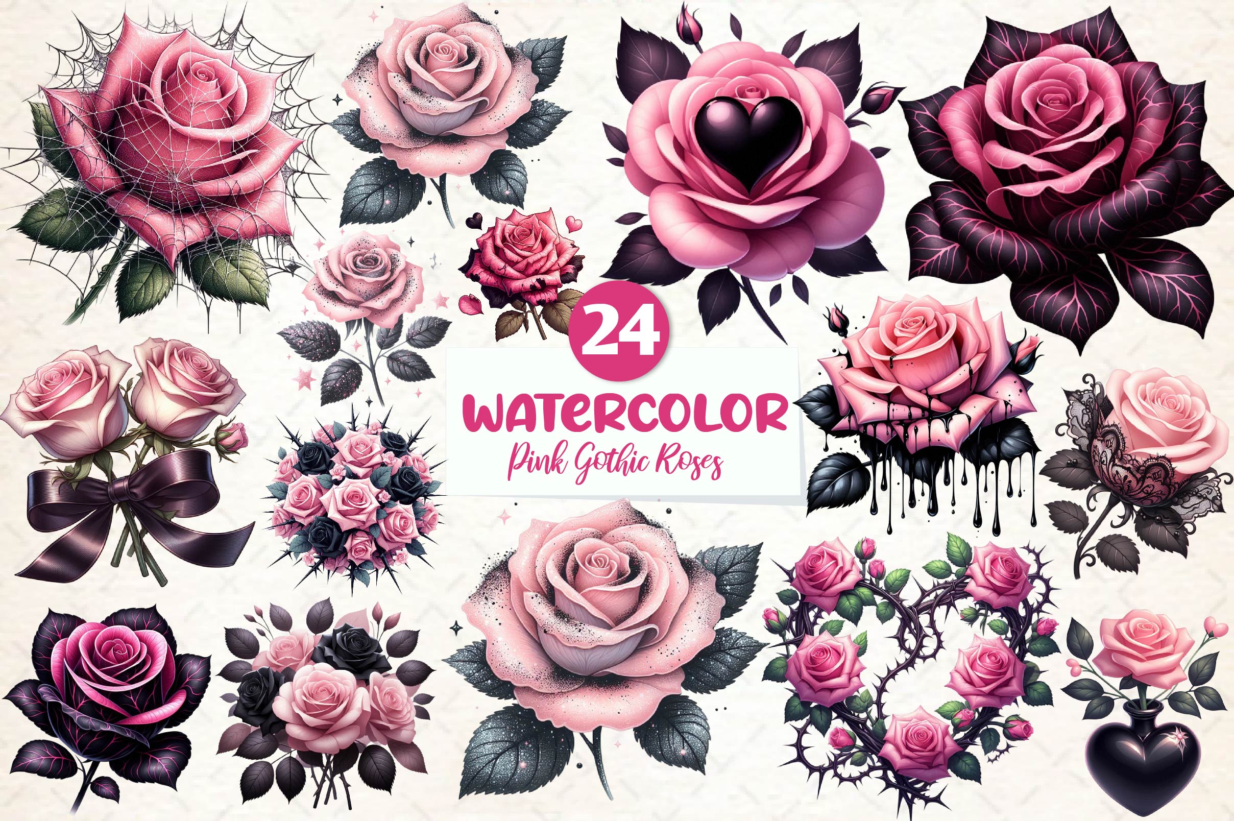 Valentine Pink Gothic Roses Clipart Bundle