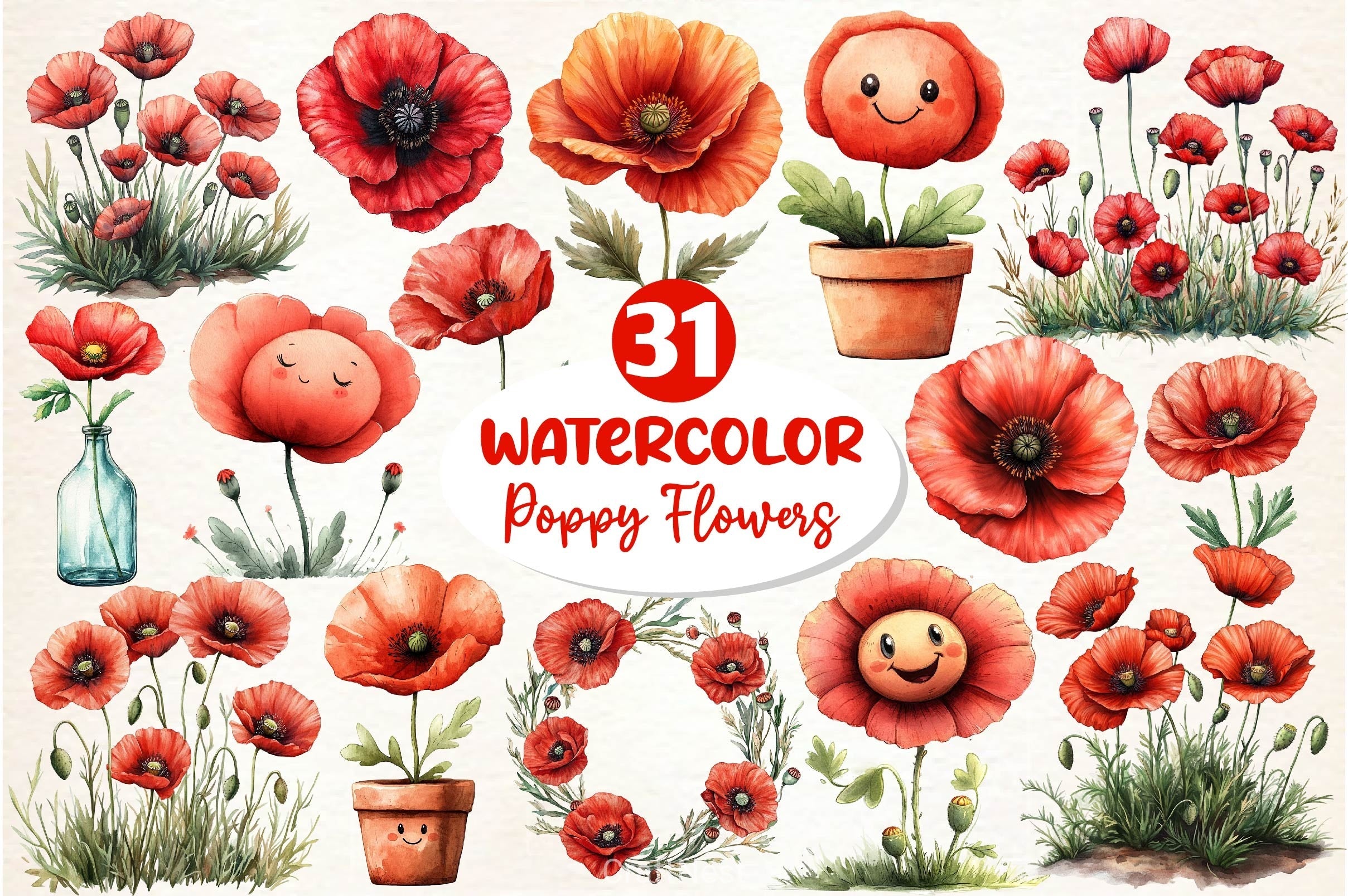 Poppy Flowers Clipart Bundle