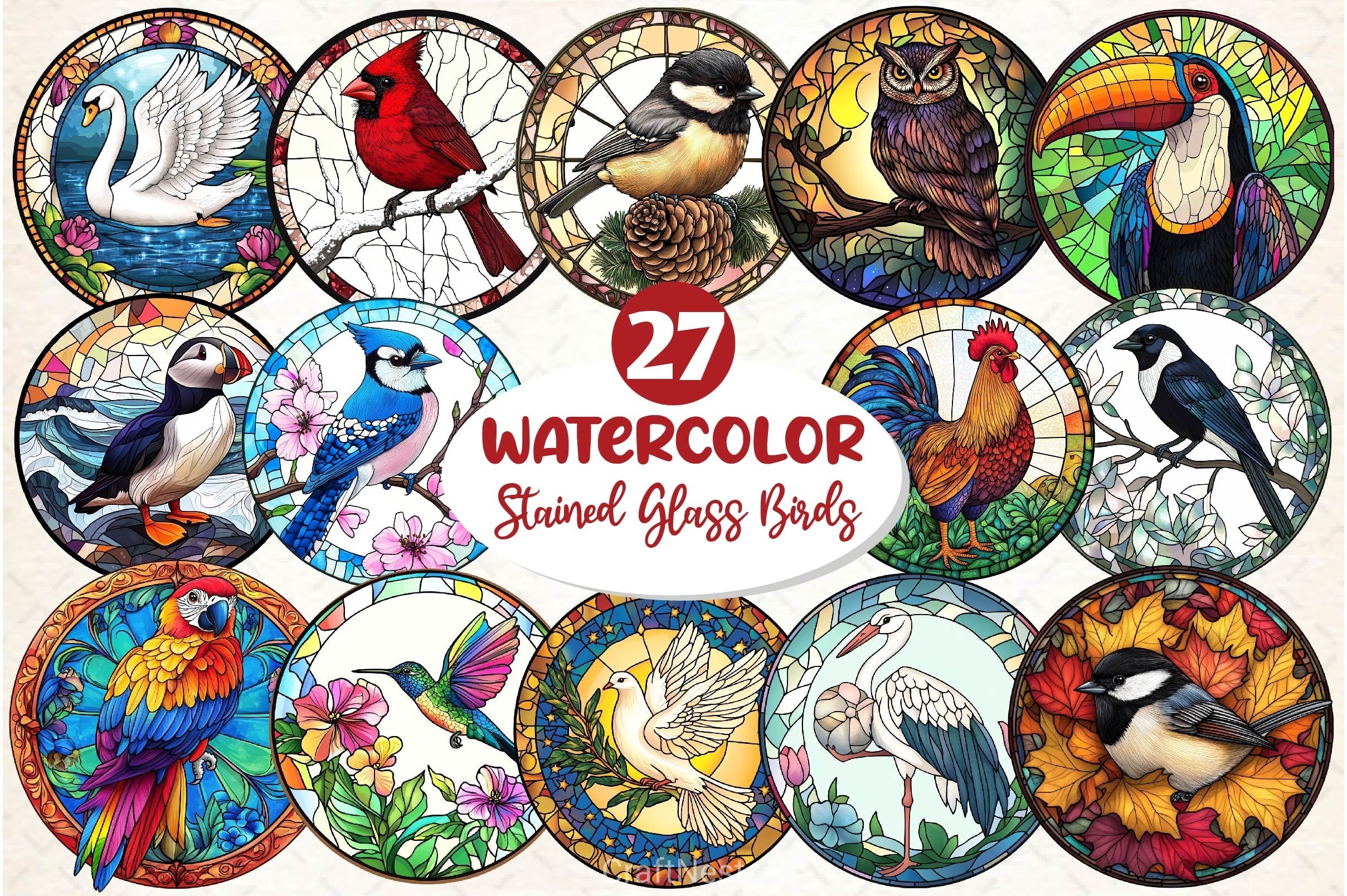 Round Stained Glass Birds Clipart Bundle 3