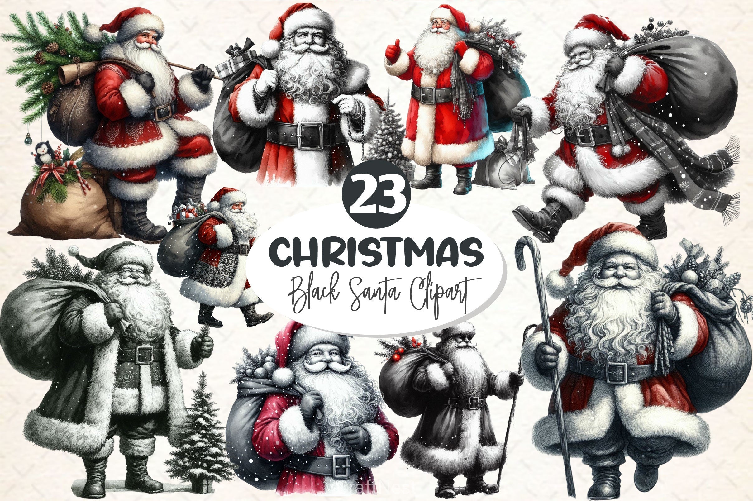 Black And White Santa Clipart Bundle 2