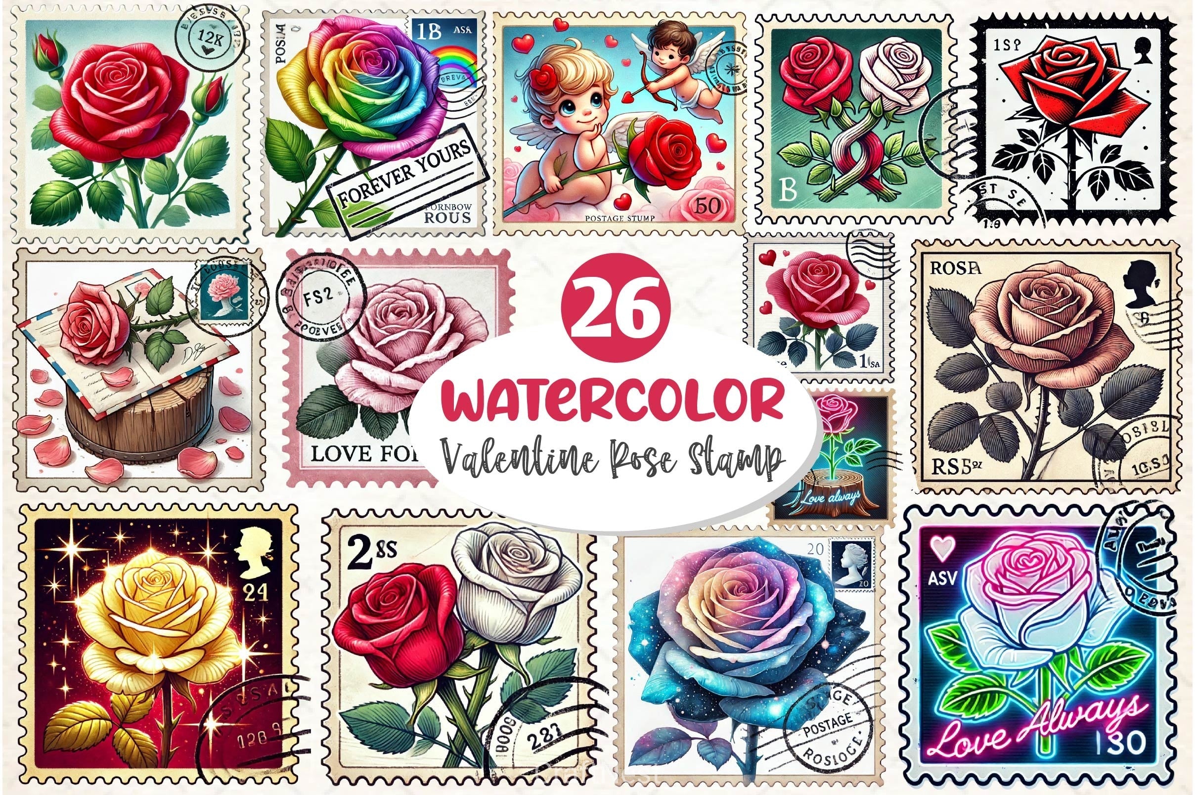 Valentine Rose Postage Stamp Clipart Bundle 2