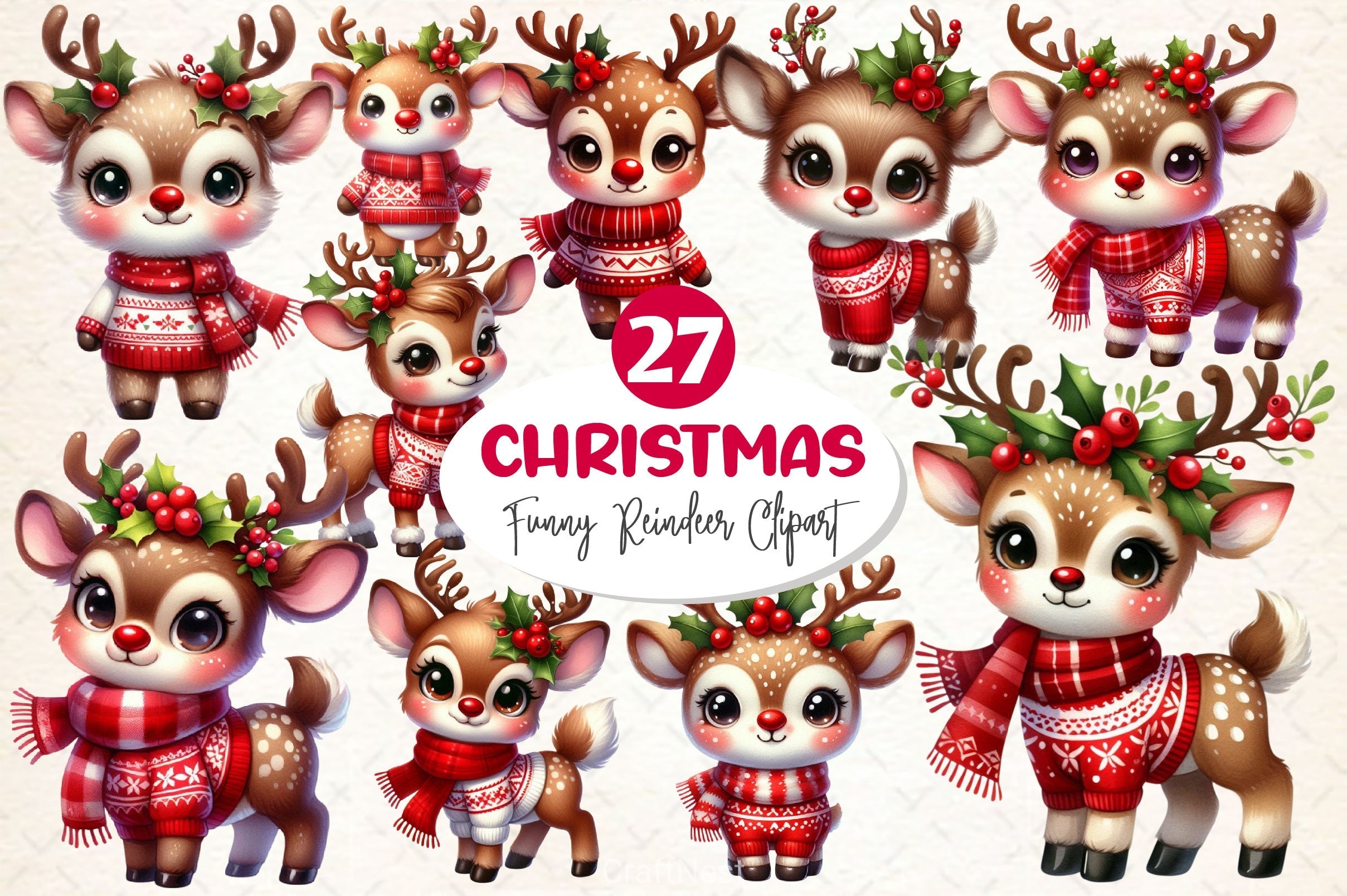 Cute Reindeer Christmas Clipart Bundle 2