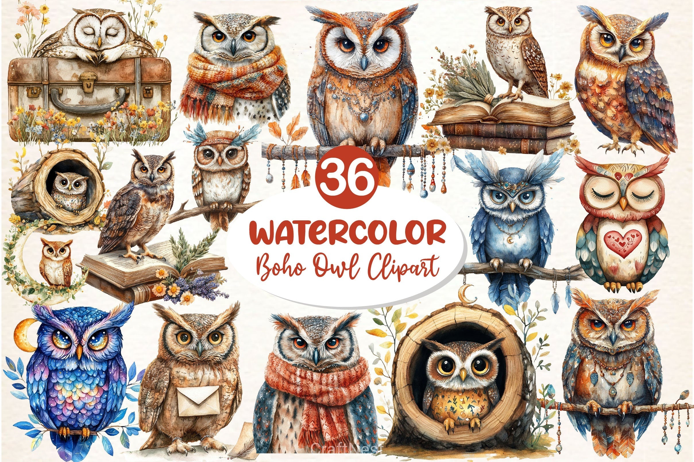 Boho Owl Clipart Bundle