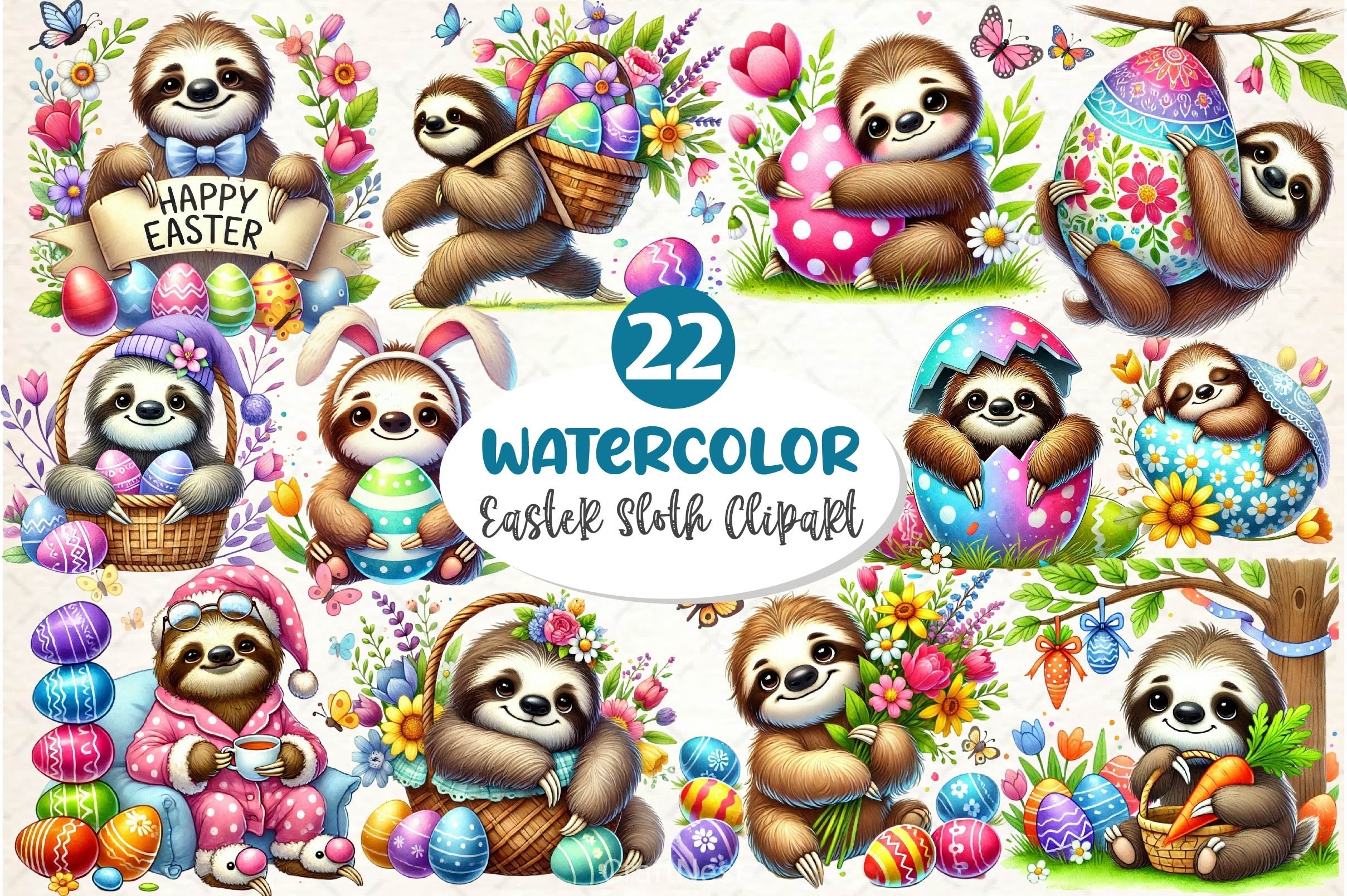 Easter Sloth Clipart Bundle 2