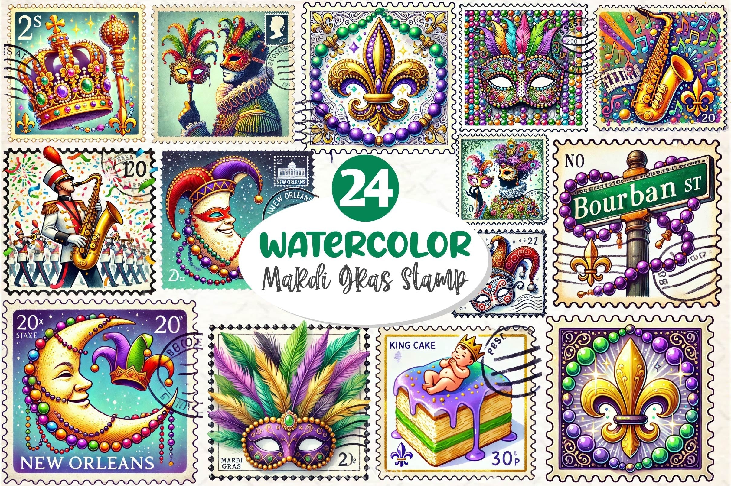 Mardi Gras Postage Stamp Clipart Bundle