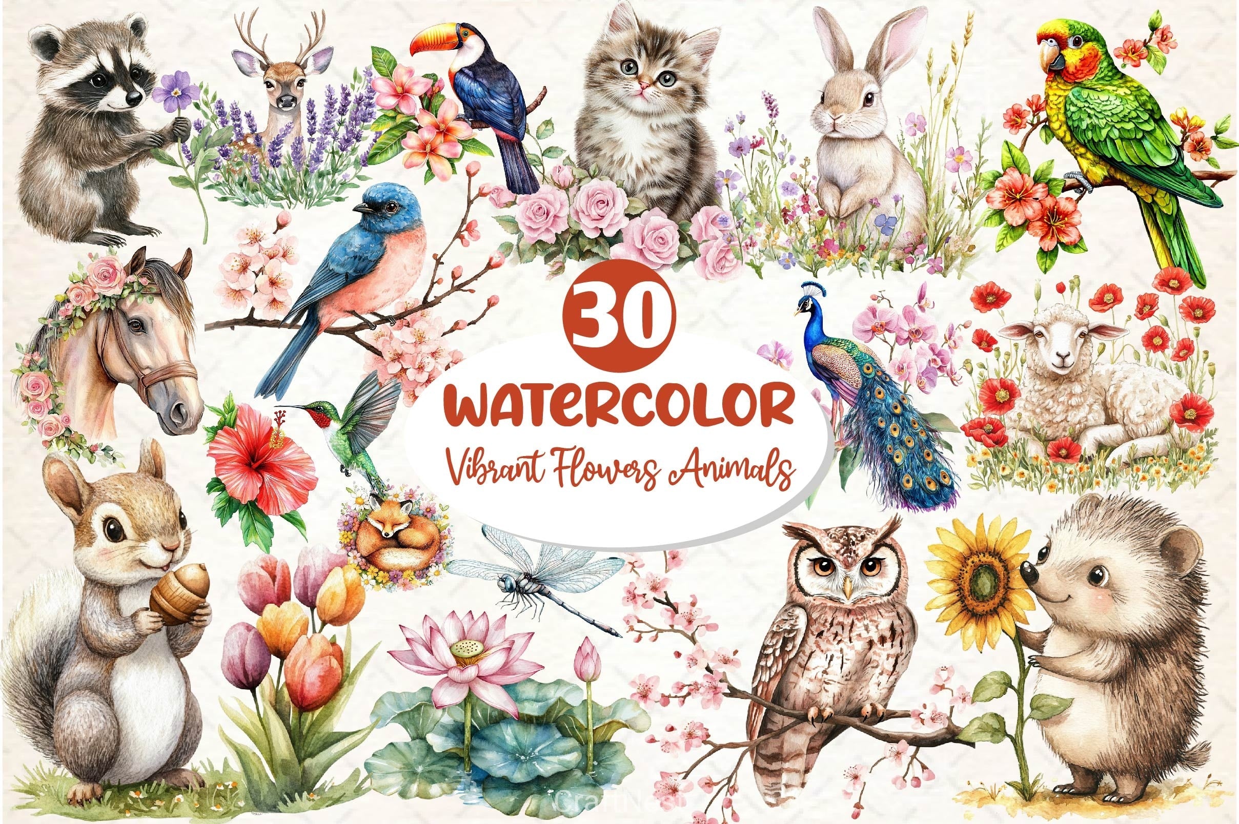 Vibrant Flowers Animals Clipart Bundle 2
