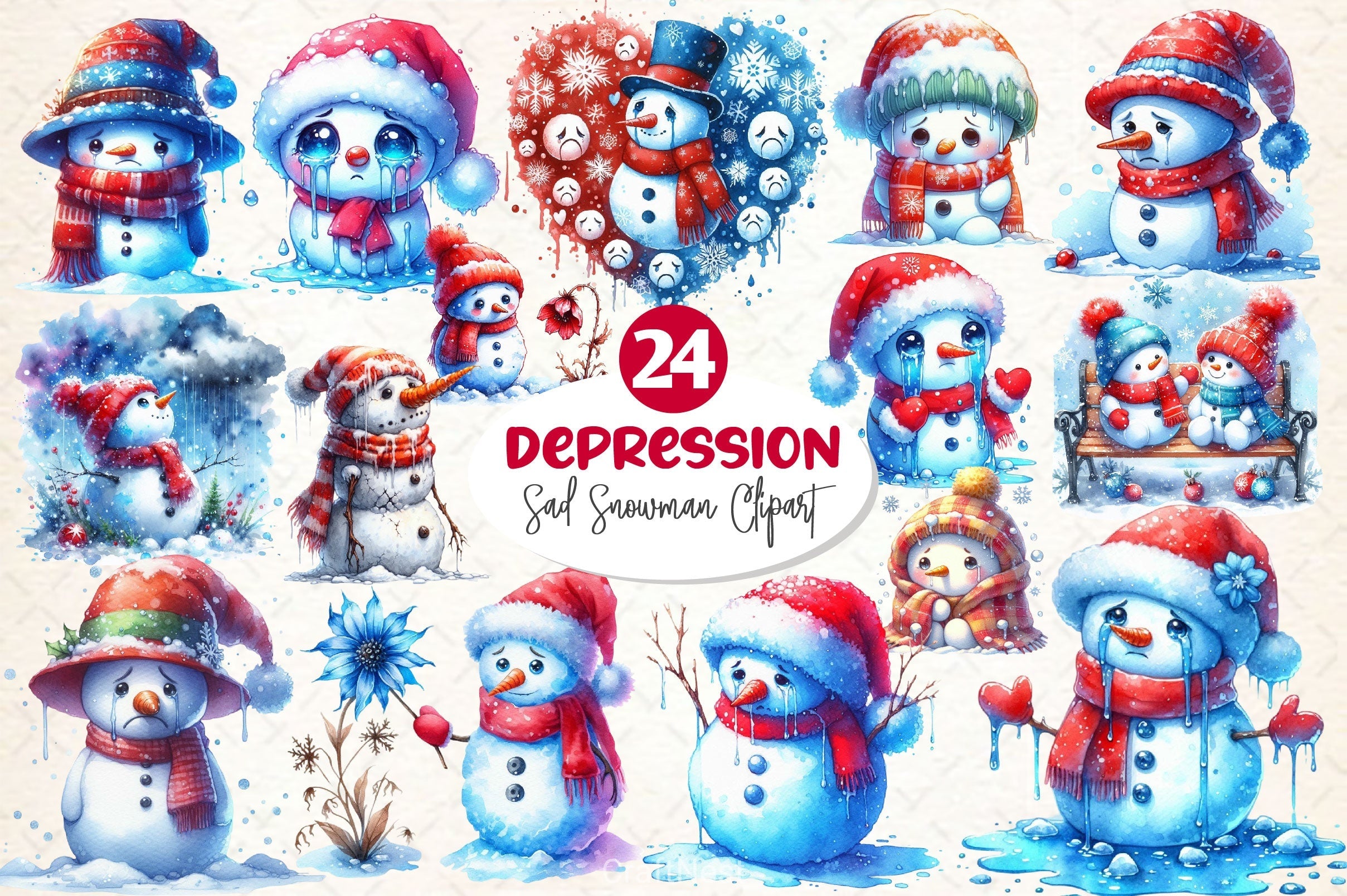 Depression Sad Snowman Clipart Bundle 2