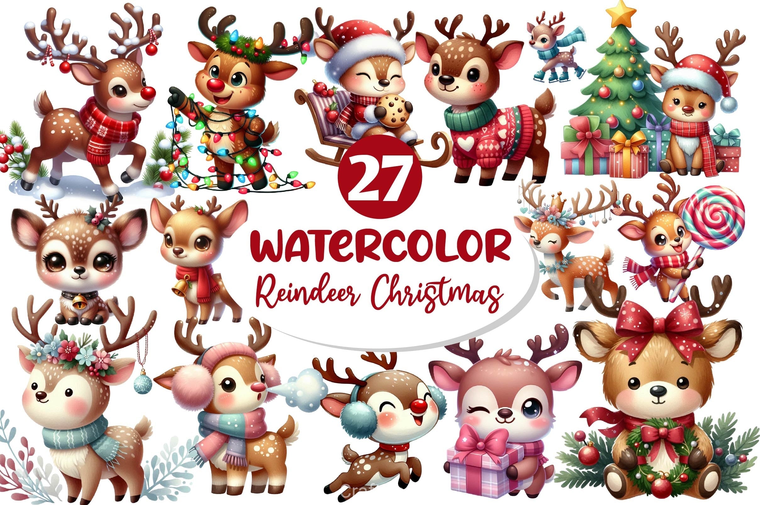 Cute Reindeer Christmas Clipart Bundle 3