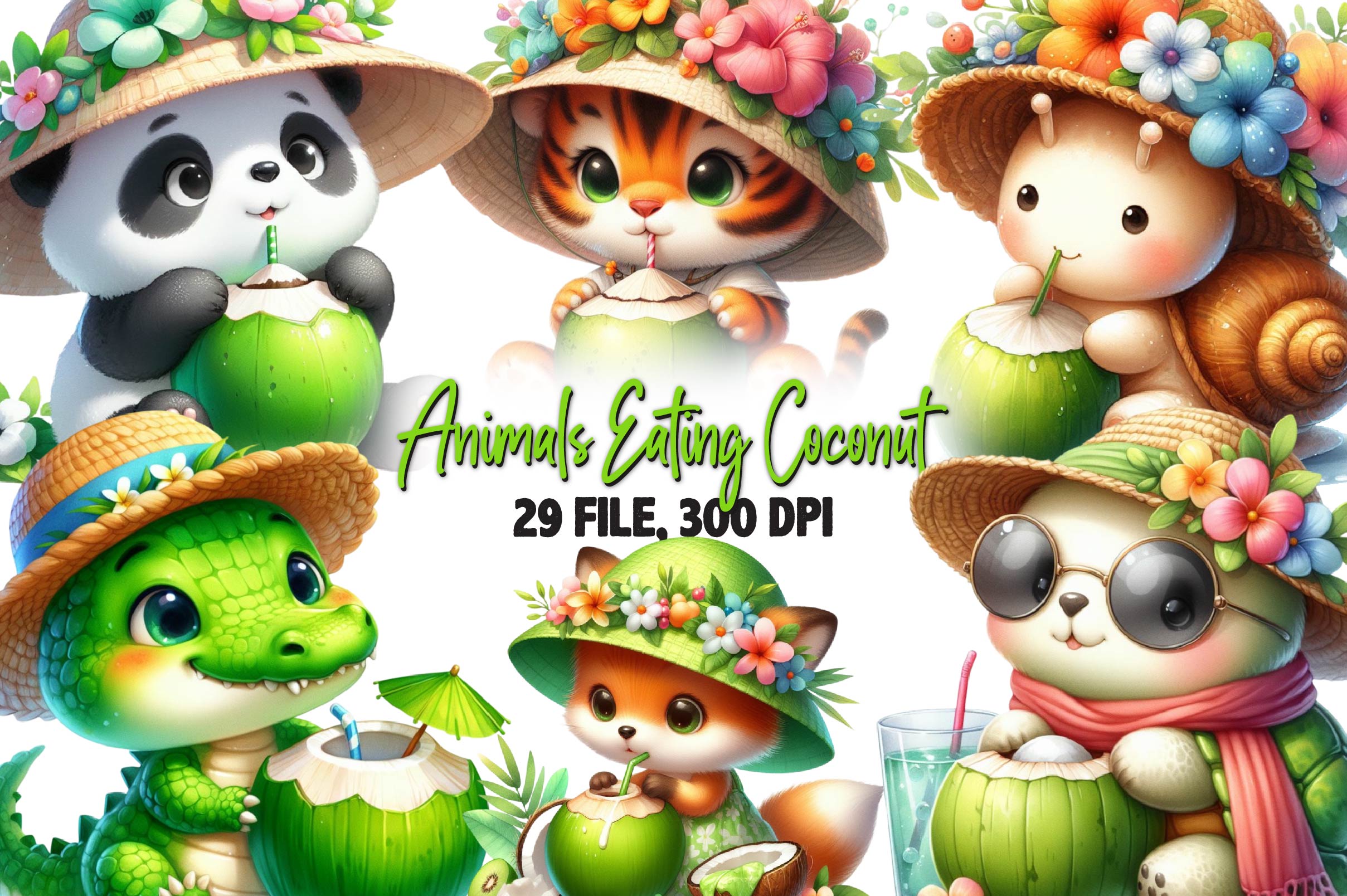 Summer Animals Eating Green Coconut Clipart Bundle