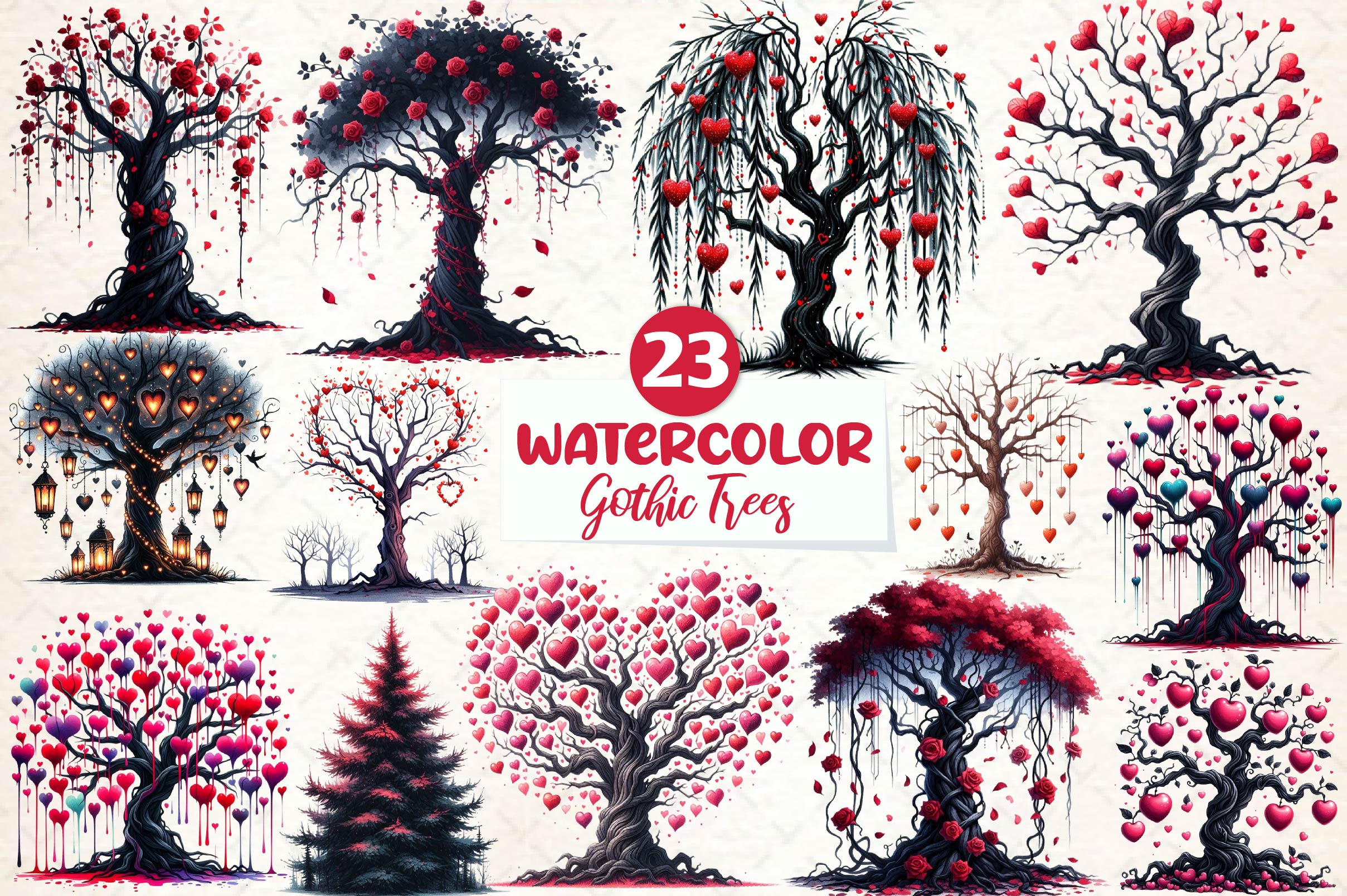 Valentine Gothic Trees Clipart Bundle