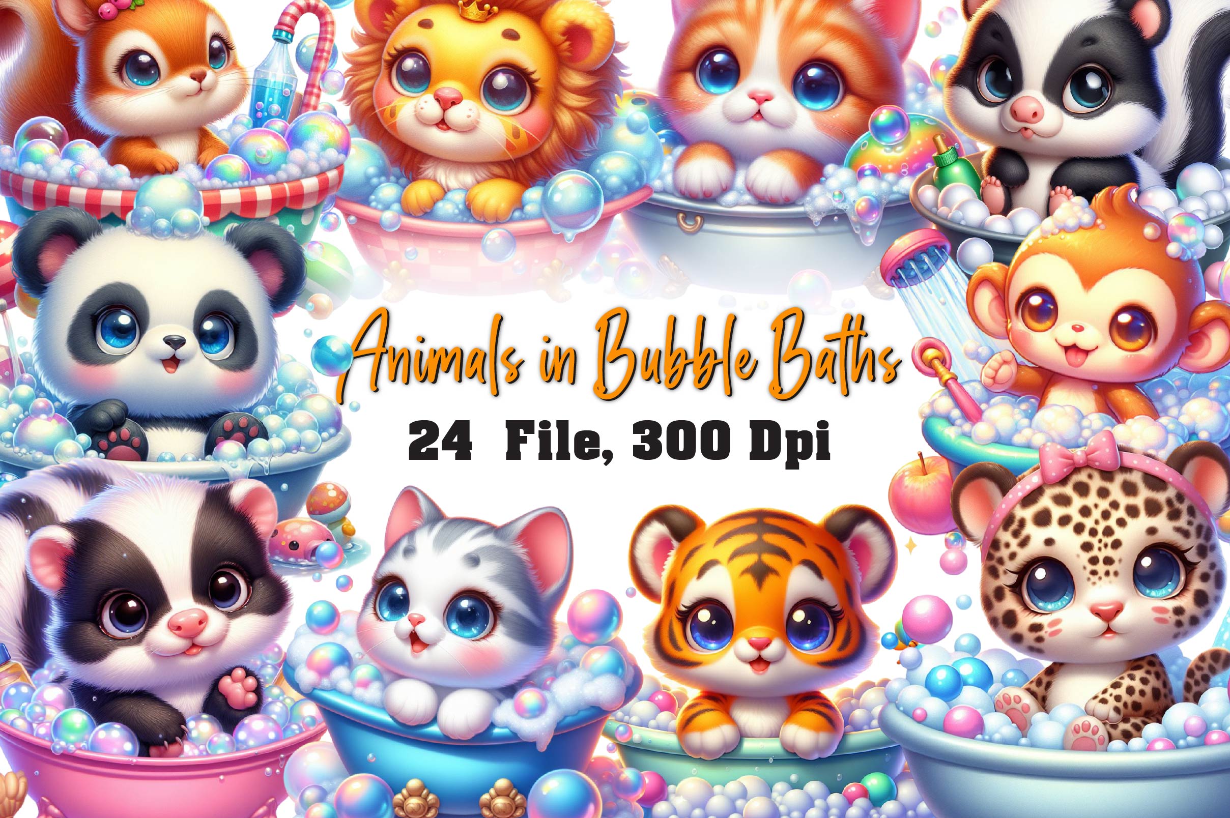 Playful Animals In Bubble Baths Clipart Bundle
