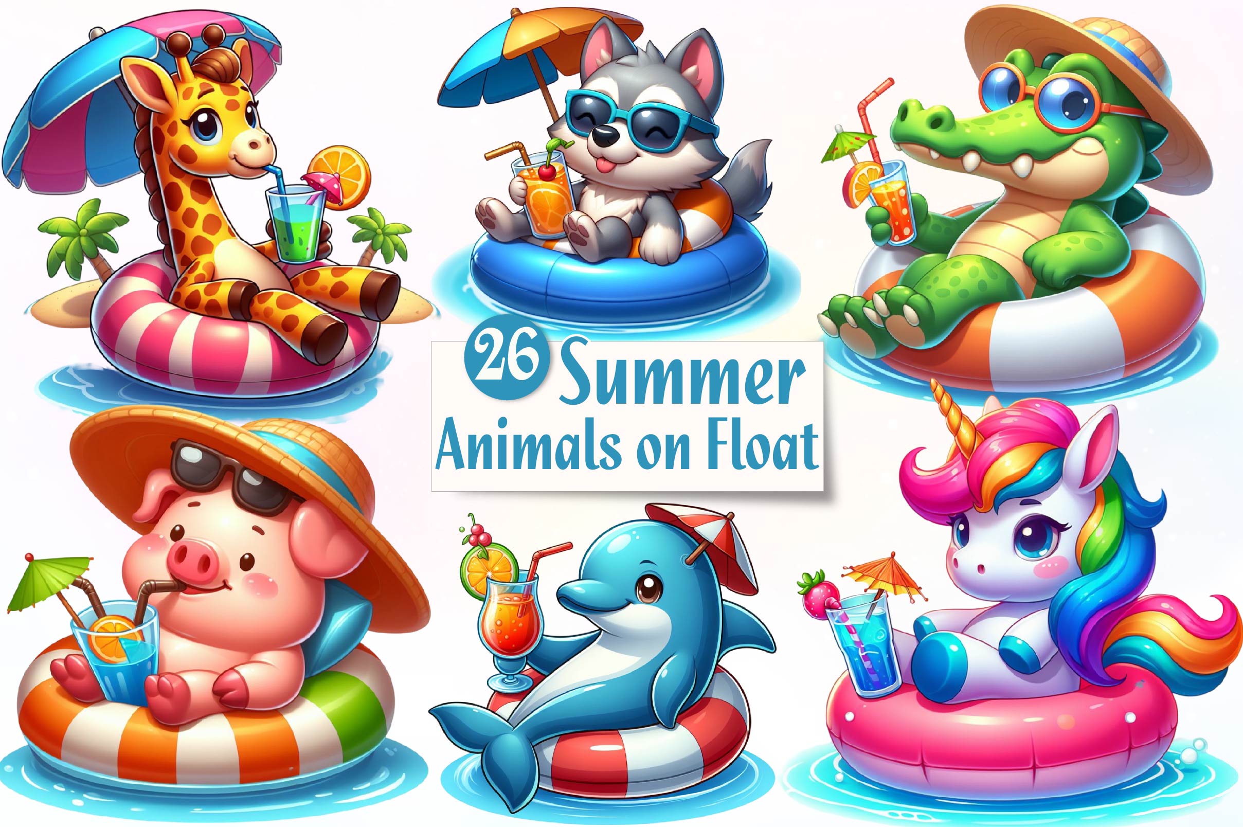 Summer Animals On Float Clipart Bundle