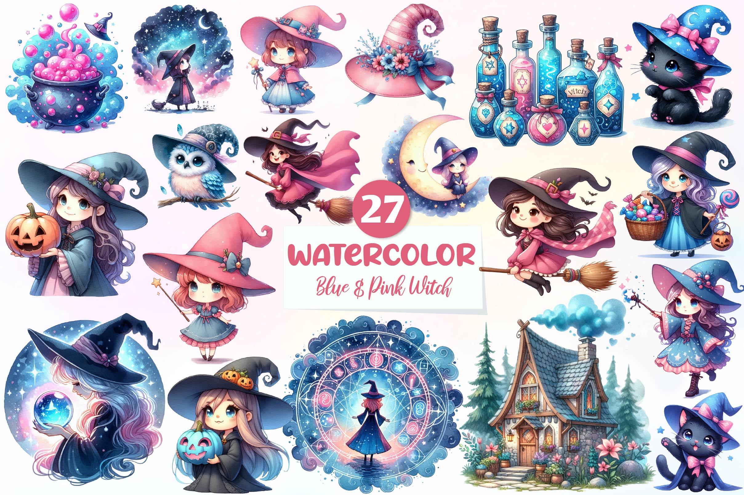 Cute Blue & Pink Witch Clipart Bundle