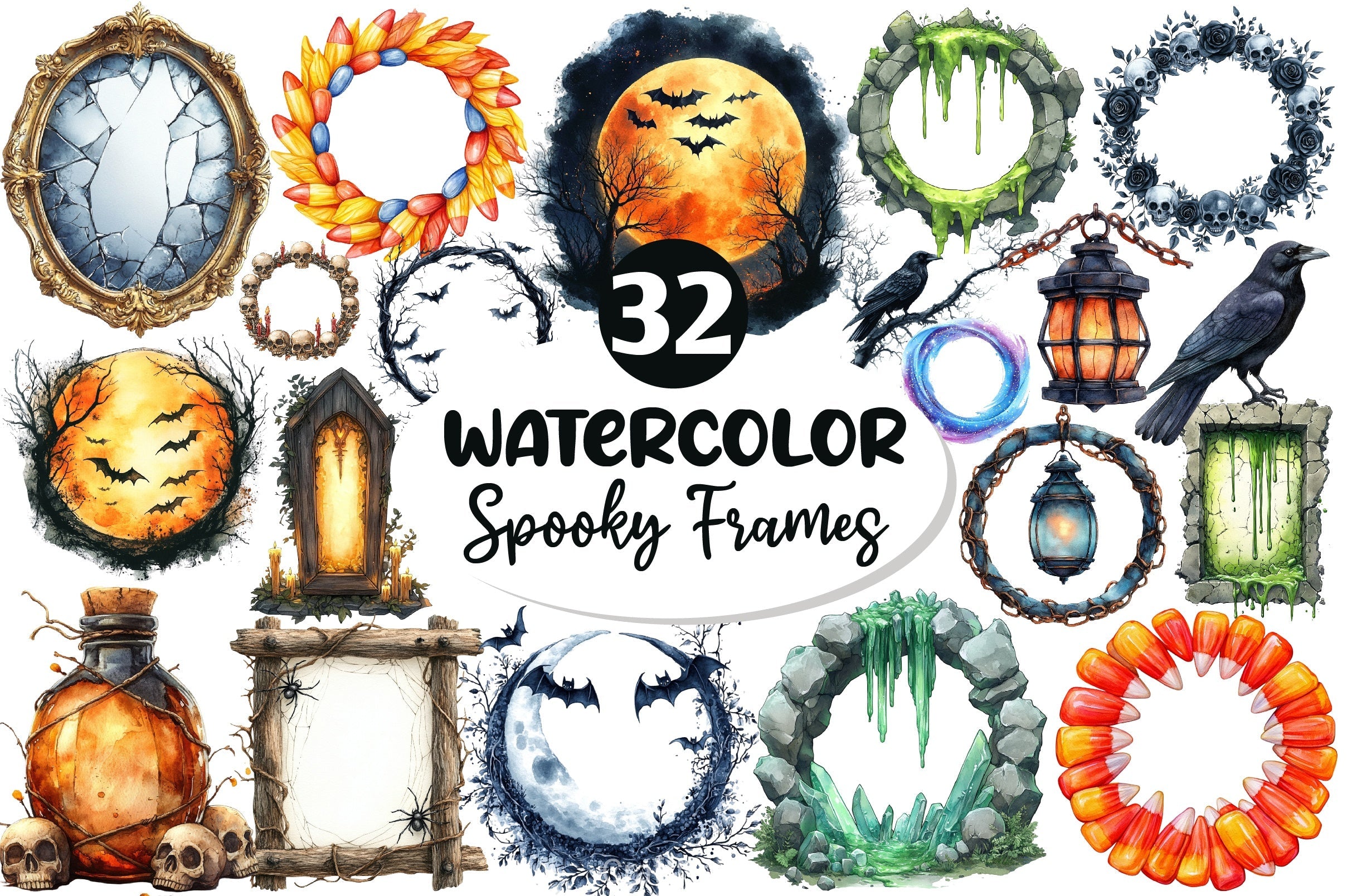 Spooky Halloween Frames Clipart Bundle