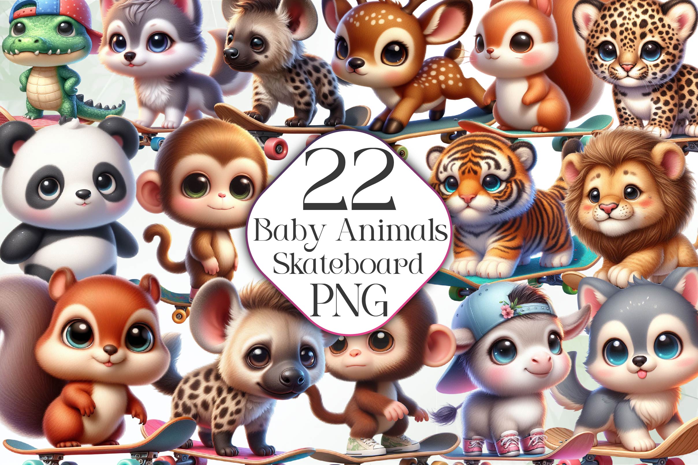 Baby Animals Skateboard Clipart Bundle