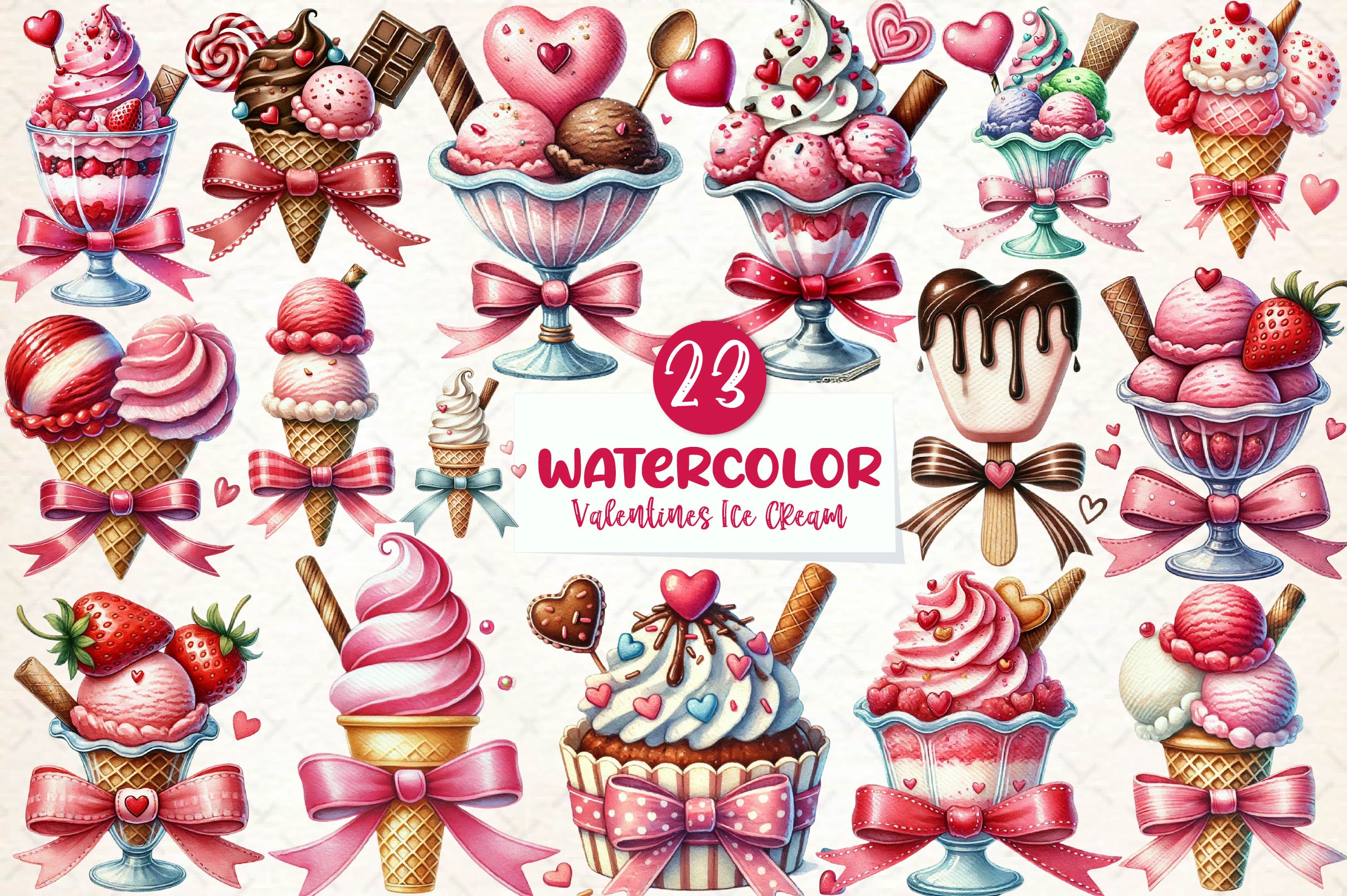 Valentines Ice Cream With Bows Clipart Bundle
