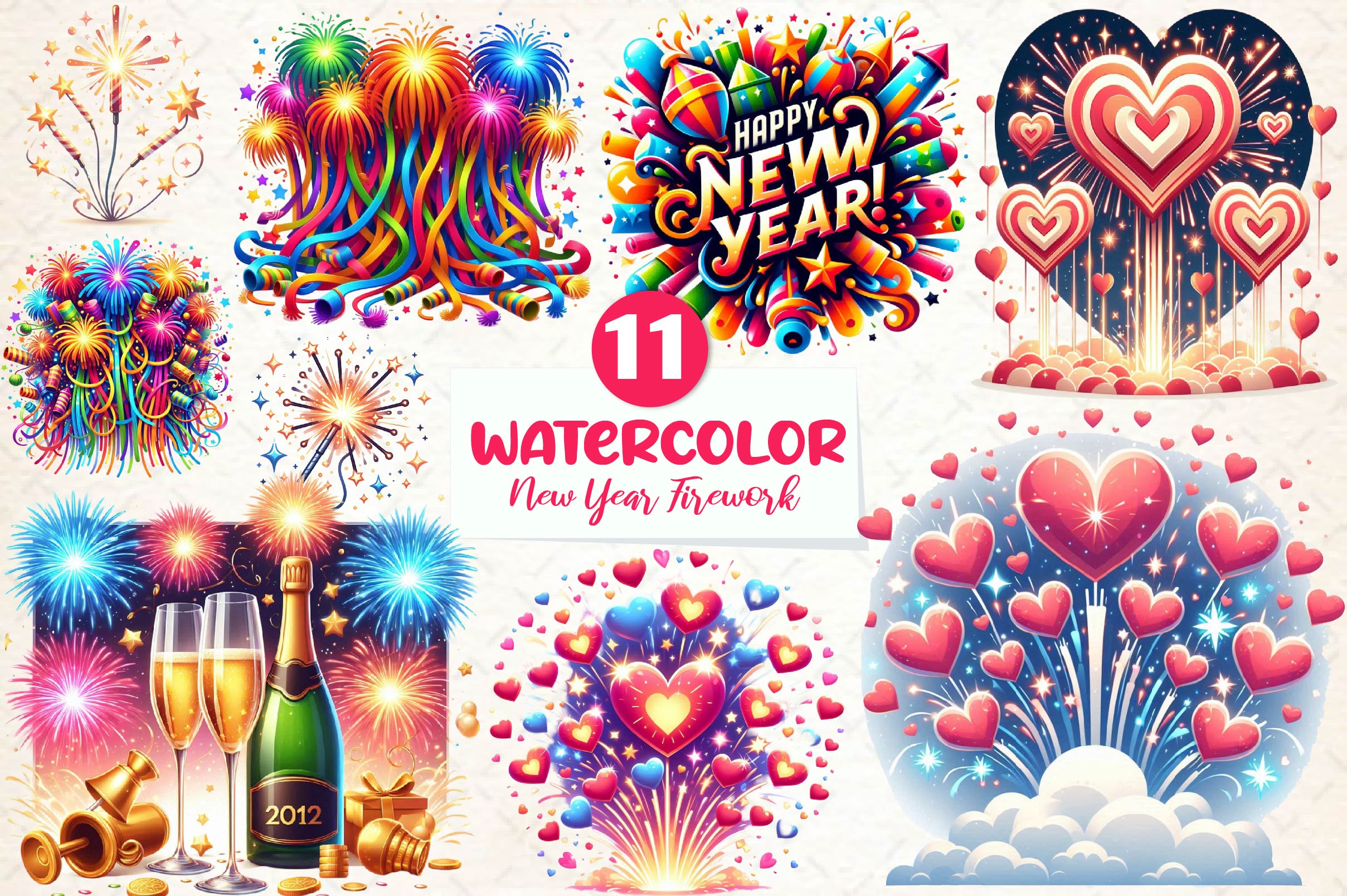 Happy New Year Fireworks Clipart Bundle