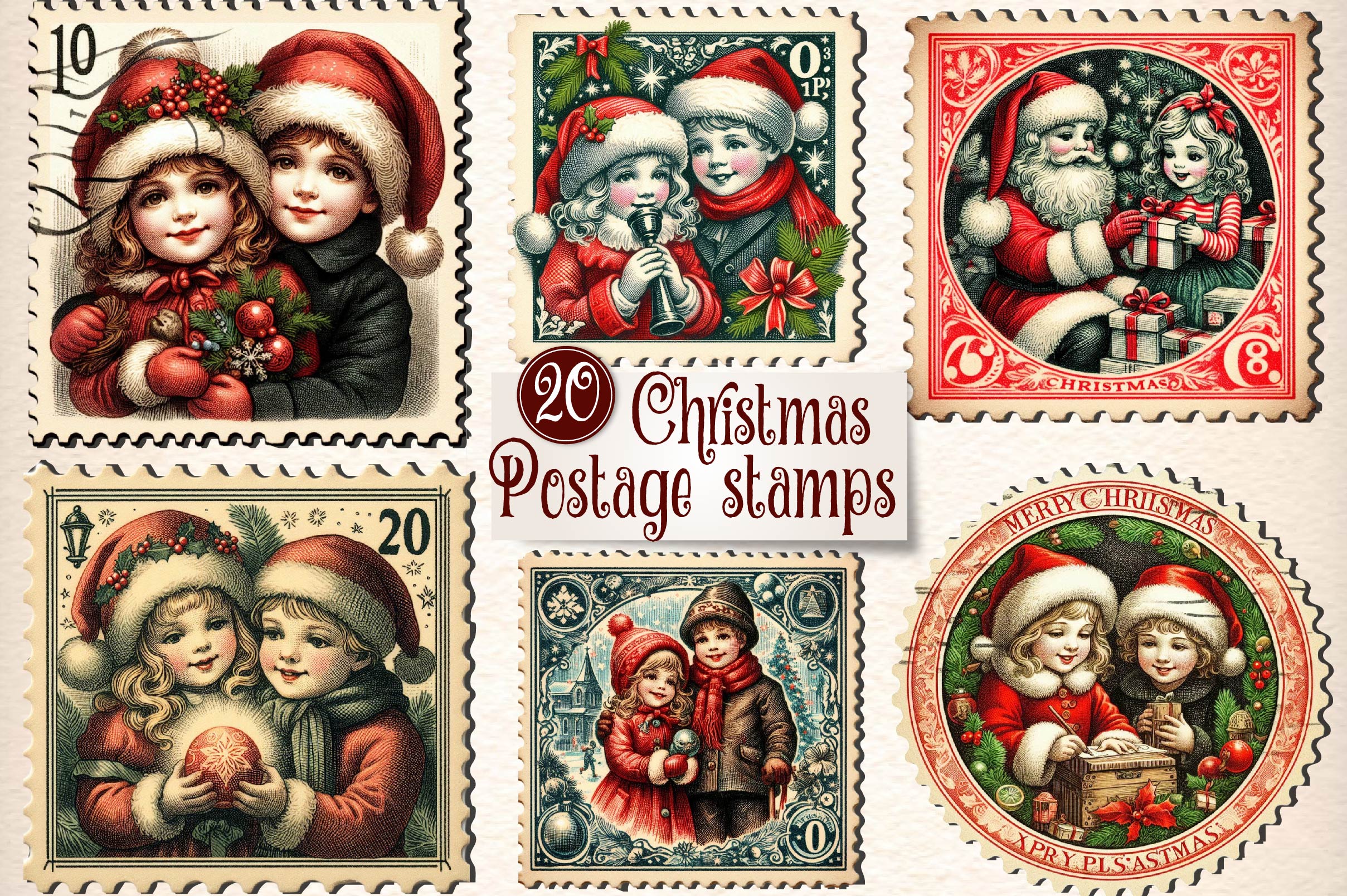 Christmas Girl And Boy Postage Stamps Clipart Bundle