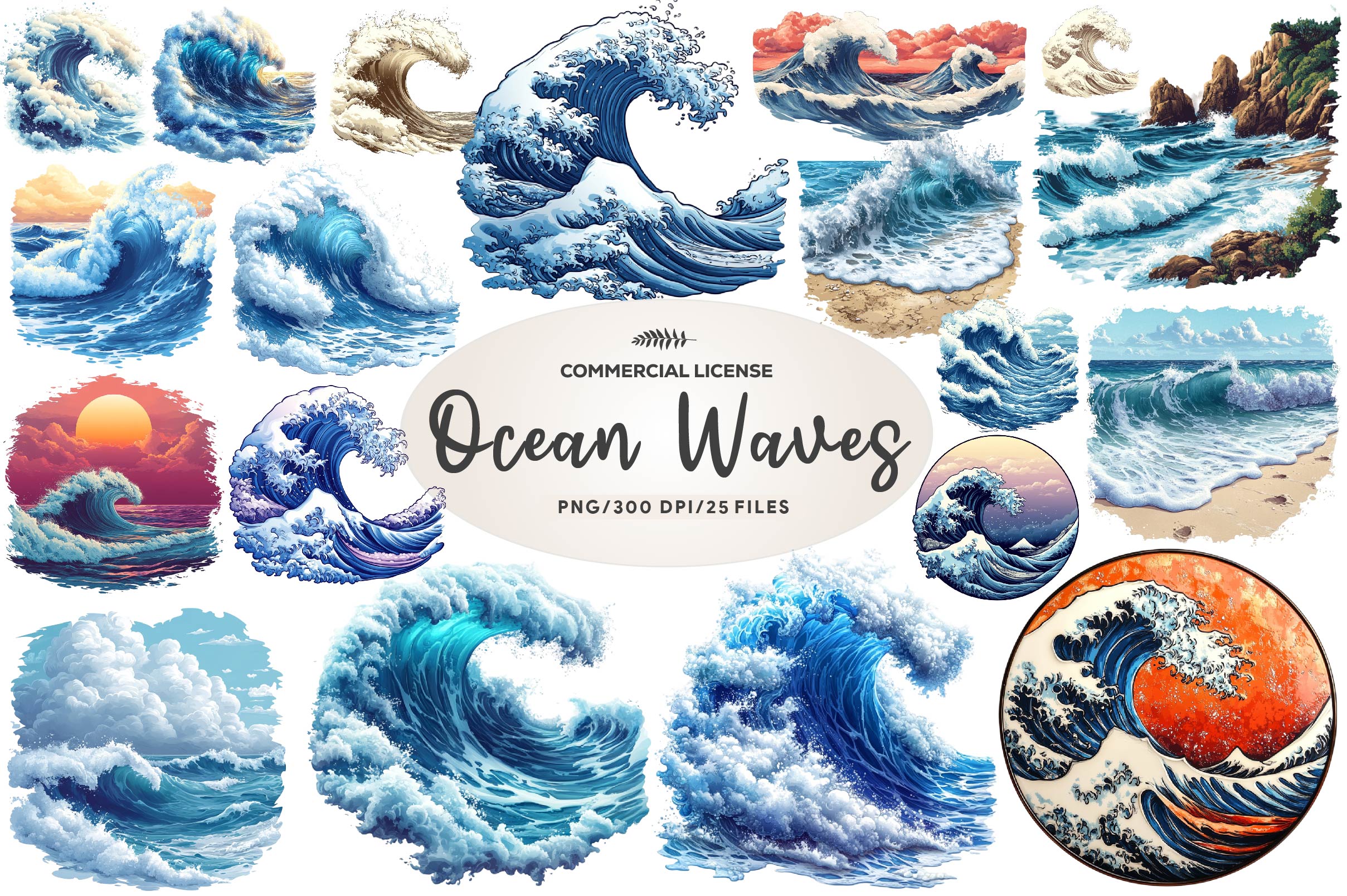 Vintage Ocean Waves Clipart Bundle