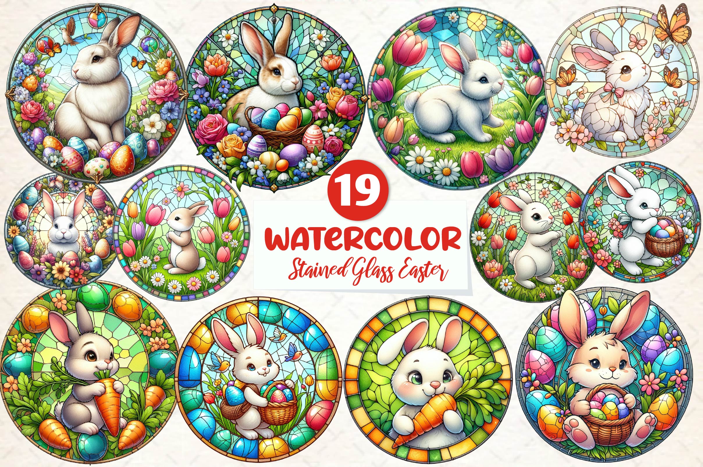 Round Stained Glass Easter Bunny Clipart Bundle