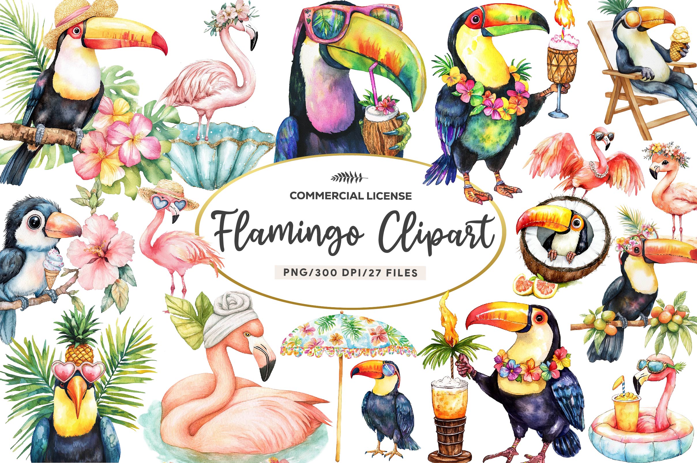 Tropical Toucan And Flamingo Summer Vibes Clipart Bundle
