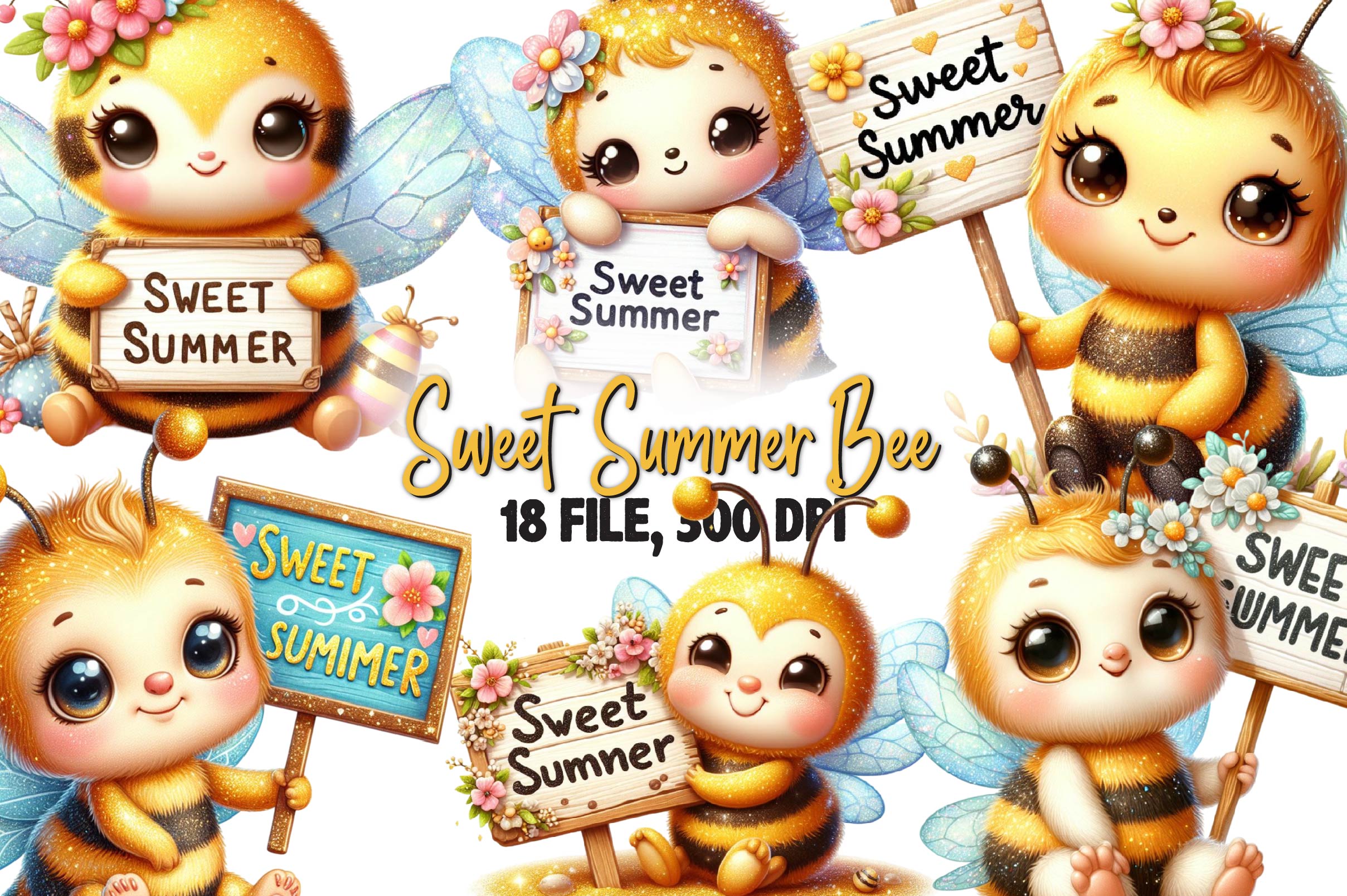 Bee With A Sign That Says Sweet Summer Clipart Bundle