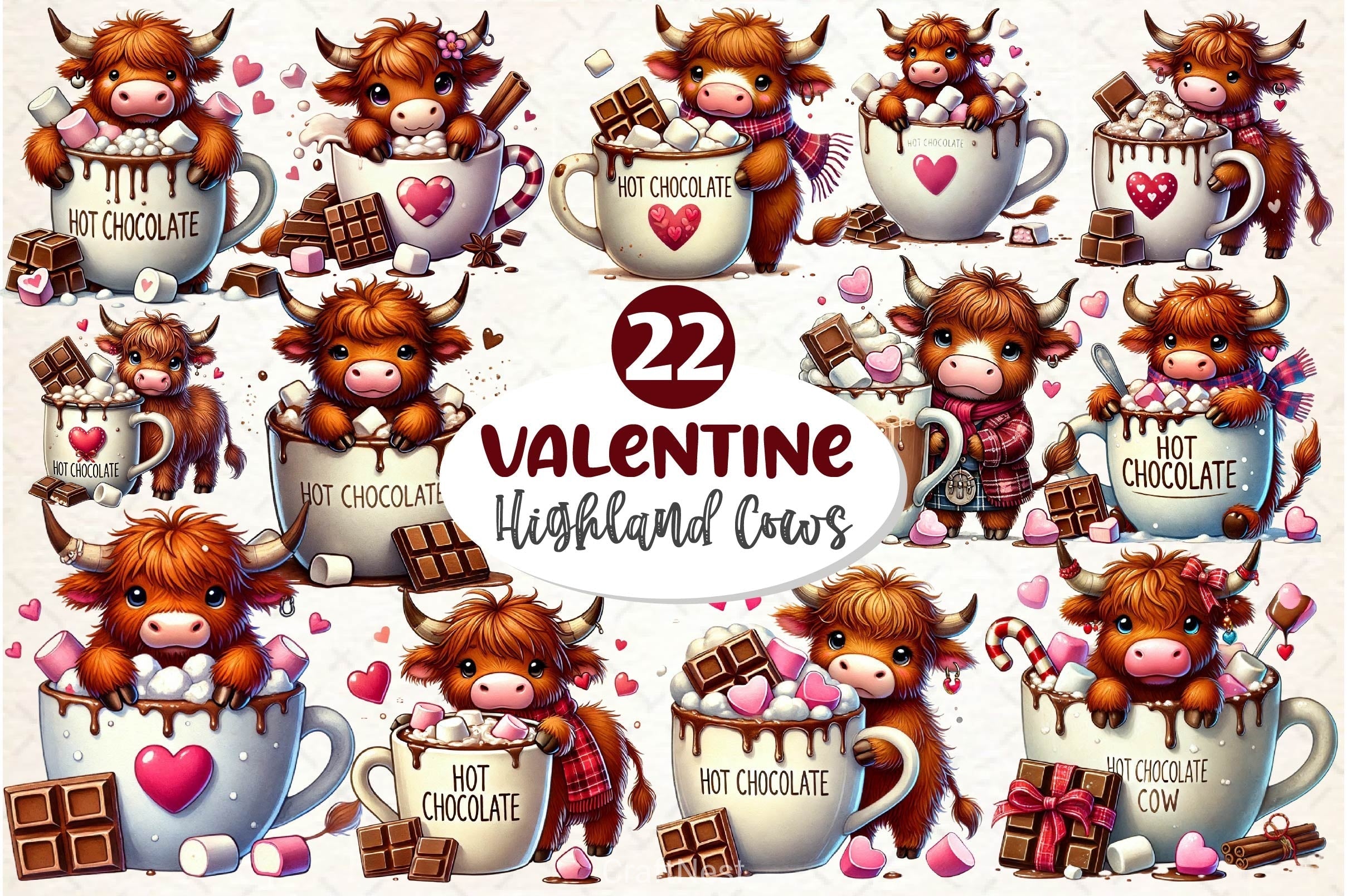 Valentines Highland Cow Chocolate Clipart Bundle