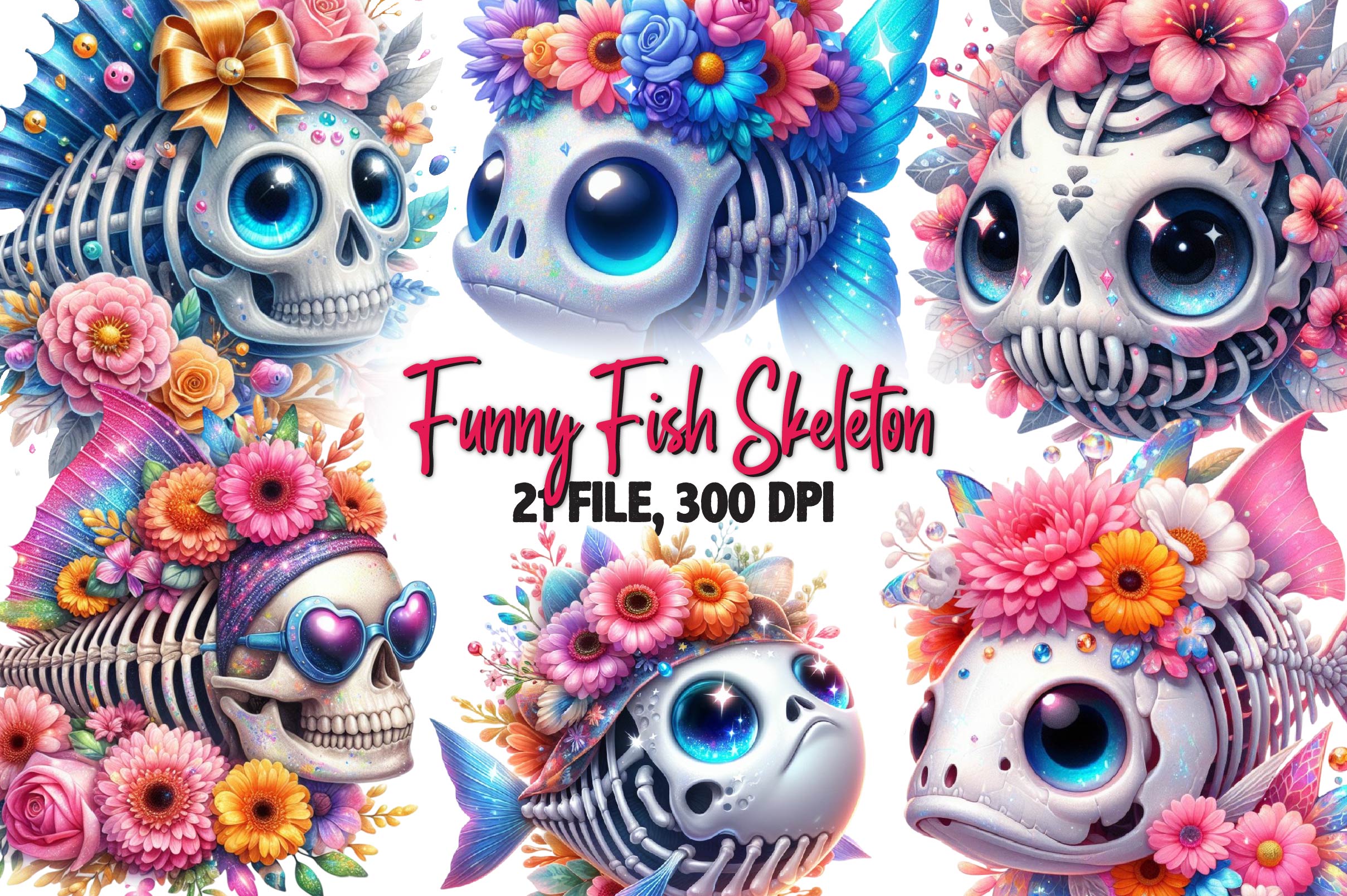 Funny Fish Skeleton Clipart Bundle