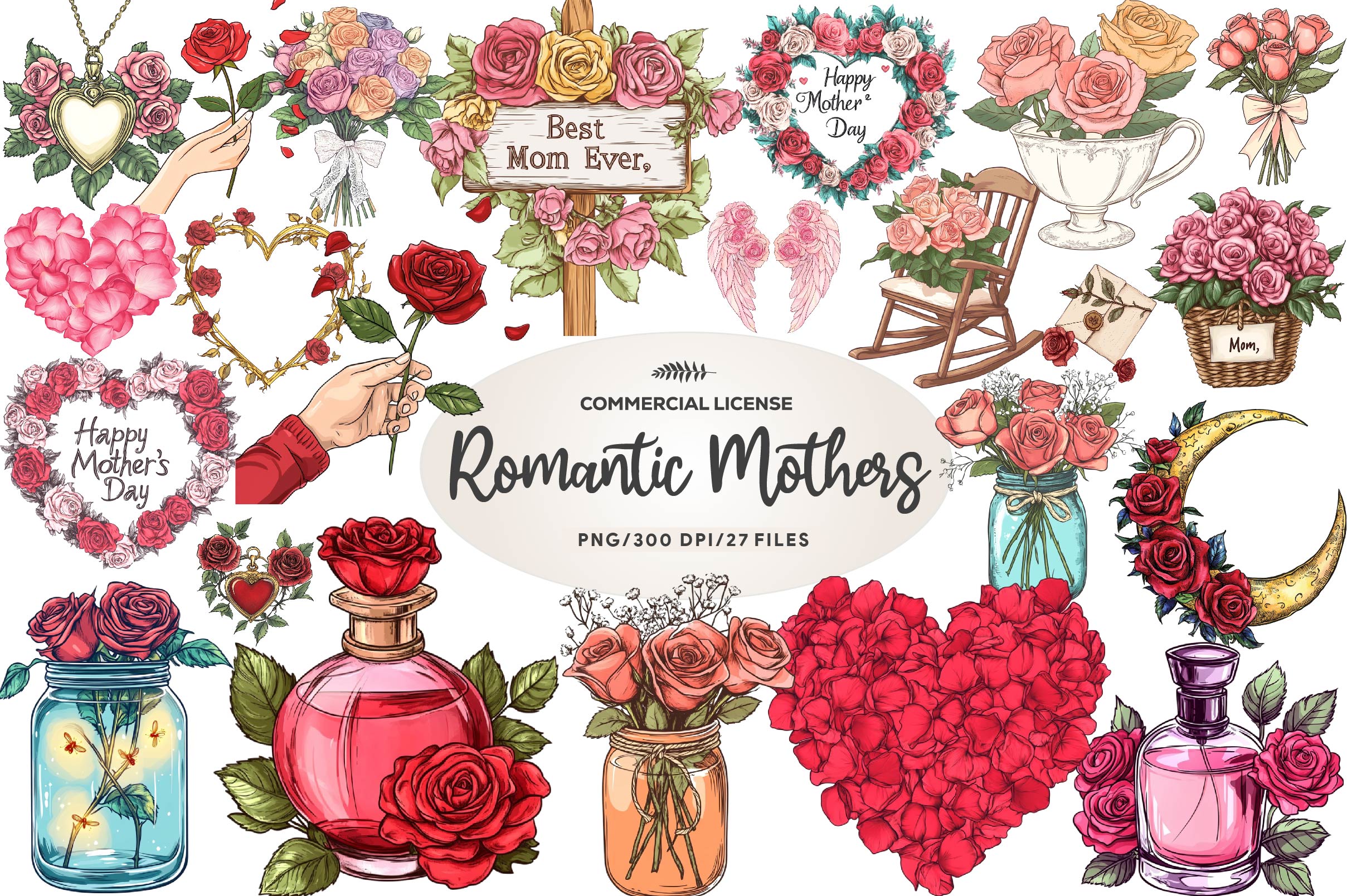 Romantic Roses Mothers Day Clipart Bundle